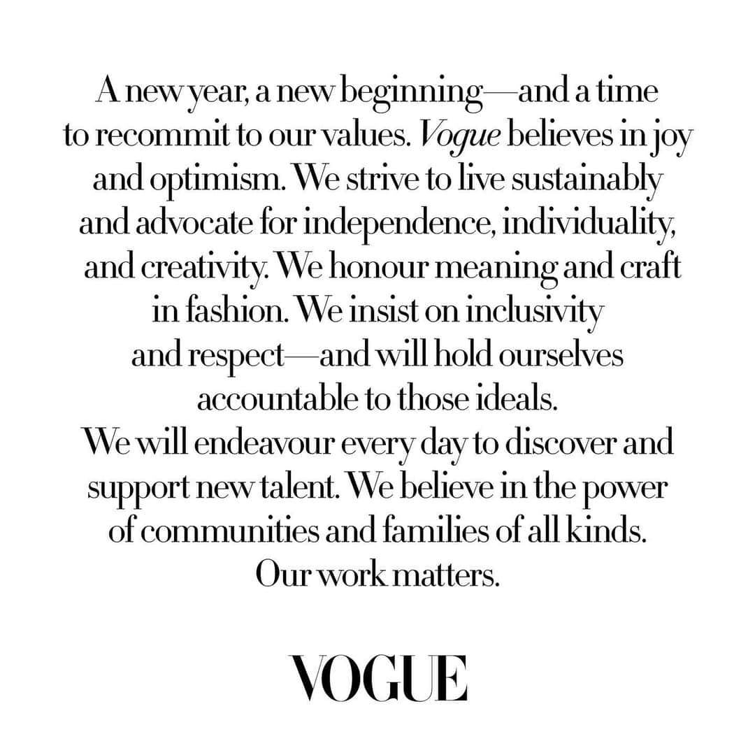 Vogue Australiaさんのインスタグラム写真 - (Vogue AustraliaInstagram)「A new year, a new beginning—and a time to recommit to our values. Vogue believes in joy and optimism. We strive to live sustainably and advocate for independence, individuality, and creativity. We honour meaning and craft in fashion. We insist on inclusivity and respect—and will hold ourselves accountable to those ideals. We will endeavour every day to discover and support new talent. We believe in the power of communities and families of all kinds. Our work matters. All the Editors-in-Chief, Vogue #VogueValues2021」12月8日 15時03分 - vogueaustralia