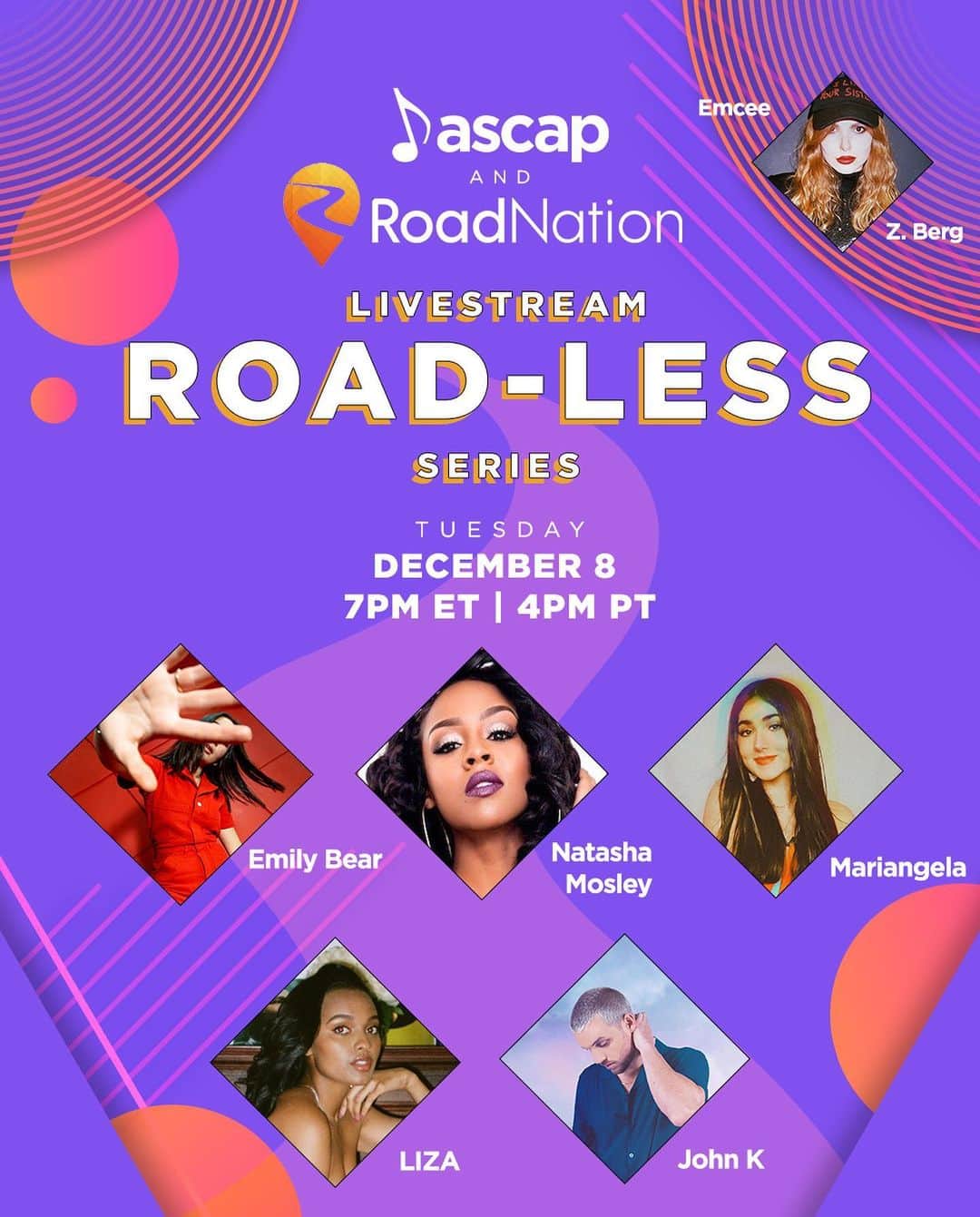 ASCAPさんのインスタグラム写真 - (ASCAPInstagram)「TONIGHT IS THE NIGHT 🎶  Our ASCAP X RoadNation Road-Less Series, will be streaming live on @twitch at 7pm ET  4PM PT & starring:  @mlebear  @natashamosley  @mariangelaguerra  @johnkmusic  @lizayohannes Emcee @zeezerizer  Watch at the link in our bio.」12月9日 2時13分 - ascap