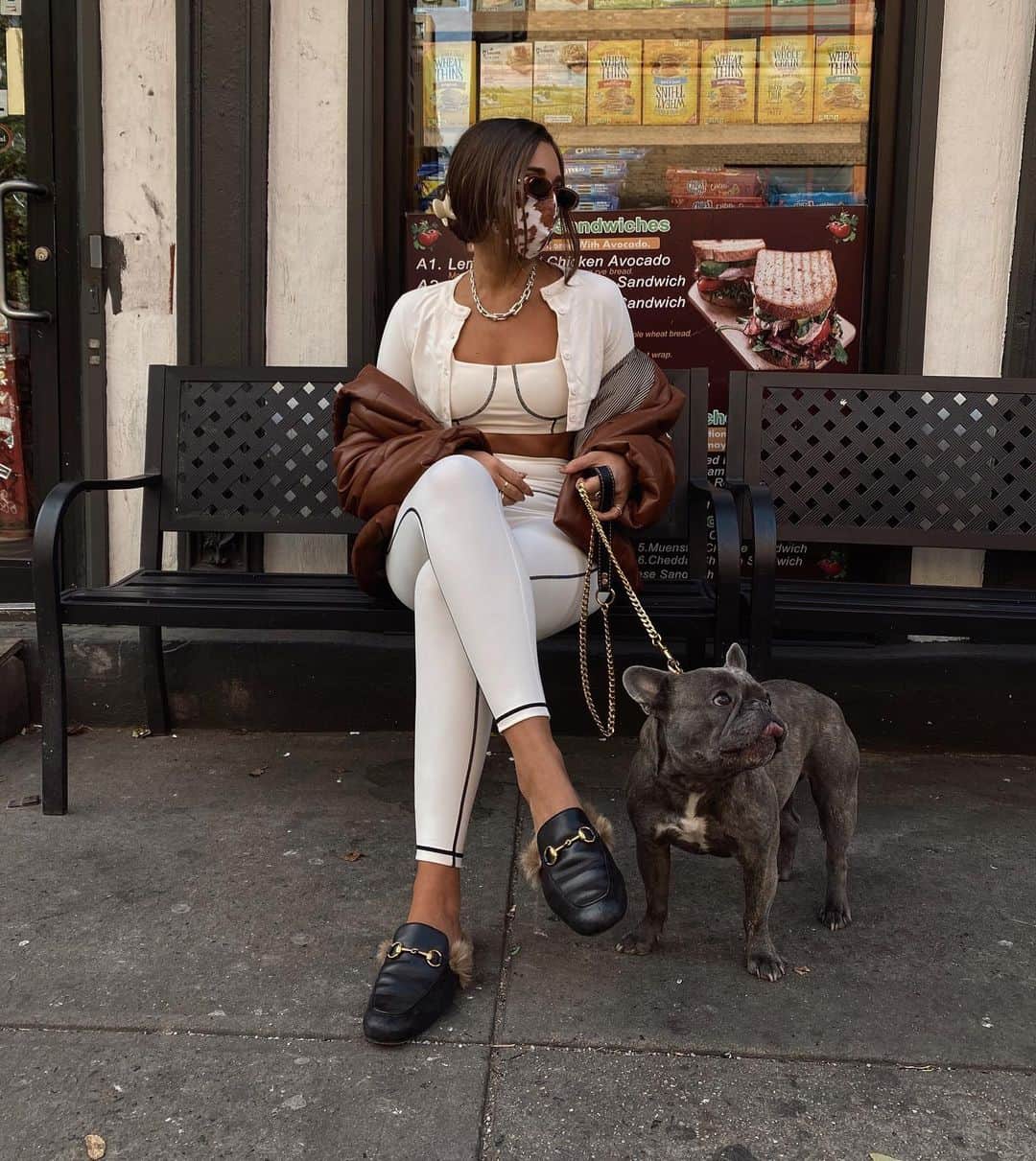 We Wore Whatのインスタグラム：「If you’ve read my book then you know the importance of having a close relationship with your local deli, and now more than ever, supporting them. Moe and I used get the same wraps every day when I lived on Bleecker street and they knew our orders by heart. This is simply a major shoutout to all NYC delis and the people who work hard to keep them going. Whether it’s for almond milk or snap pea crisps, show your neighborhood deli some local love ❤️ [wearing the corset contrast set with cropped cardigan, launching tmrw!]」