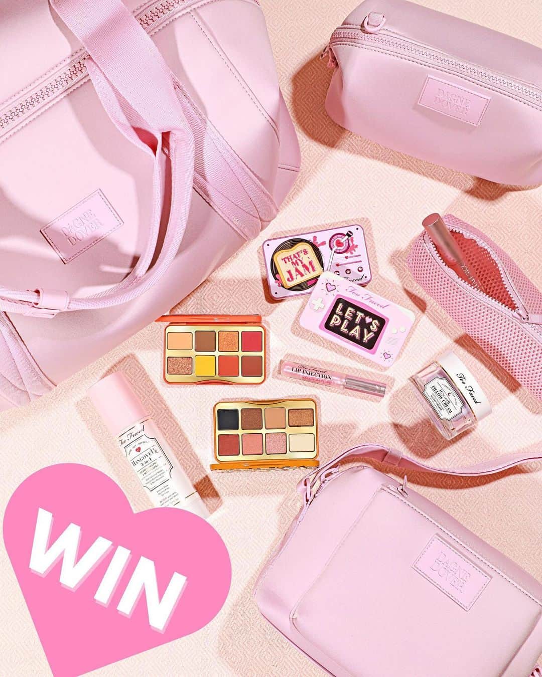Too Facedのインスタグラム：「Tis’ the season for a GIVEAWAY! 🎉 (Winners have been contacted via DM) We’re so excited to partner with our friends @dagnedover to give TWO lucky babes a MEGA prize pack (psst..including BRAND NEW products that haven’t even launched yet!) ❄️⁣ ⁣⁣ Prize pack includes: Let’s Play, That’s My Jam, Light My Fire, & Kitty Likes To Scratch Mini Palettes, Hangover Pillow Cream, Lip Injection Maximum Plump, Better Than Sex Mascara, Hangover 3-in-1 Setting Spray, and the Pinkish Micah Crossbody, Large Hunter Toiletry Bag, and a Large Landon Carryall! ⁣ ⁣ HERE IS HOW TO ENTER: ⁣⁣ ✨ LIKE & SAVE this post⁣⁣ ✨ FOLLOW @toofaced, @dagnedover, and @jerrodblandino⁣ ✨ TAG 2 besties (they must be following, too!)⁣⁣ ✨ For additional entries comment with a 🎉 on our most recent posts!⁣⁣ (US & INTL) Giveaway ends 12/10 at 11:59pm PST & winners will be contacted via DM. GOOD LUCK! #giveaway #toofaced」