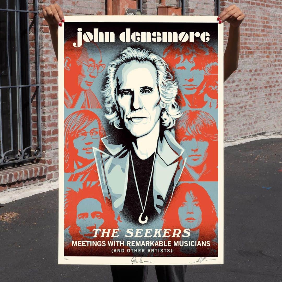 Shepard Faireyのインスタグラム：「I was very happy that John Densmore, drummer of @thedoors, asked me to design the cover of his new book "The Seekers," which tells the stories of his encounters with inspirational figures in his life. All creative people have inspirations that become part of their DNA, consciously and subconsciously influencing their artistic choices and evolution. Some people try to sell the story of themselves as innate geniuses, fully formed from birth, but others acknowledge what they've learned from crucial mentors and influences along the way. John Densmore not only acknowledges his inspirations but beautifully, powerfully, and lovingly celebrates mentors, heroes, and peers who have impacted his life's journey and become part of his DNA. While John and I discussed "The Seekers," his respect and affection for the remarkable men and women who've brought some magic into his life made me envision a tapestry with multiple epic figures whose threads are intertwined with John Densmore himself, the central beating heart and storyteller. Of course, John as the drummer for The Doors is an iconic sage, perfectly able to hold down a book cover by himself. Still, for him it was essential for the cover to convey his generous spirit of camaraderie with those whom he has stood shoulder to shoulder with as well as those whose shoulders he has stood upon. -Shepard  John Densmore: The Seekers. 24 x 36 inches. Offset Lithograph on thick cream Speckletone paper. Signed by Shepard Fairey and John Densmore. Numbered edition of 1000 (100 available on ObeyGiant.com). $60. Available on Thursday, December 10th @ 10 AM PDT at https://store.obeygiant.com/collections/prints. Max order: 1 per customer/household. International customers are responsible for import fees due upon delivery.⁣ Shipping may be delayed due to COVID19. ALL SALES FINAL.」