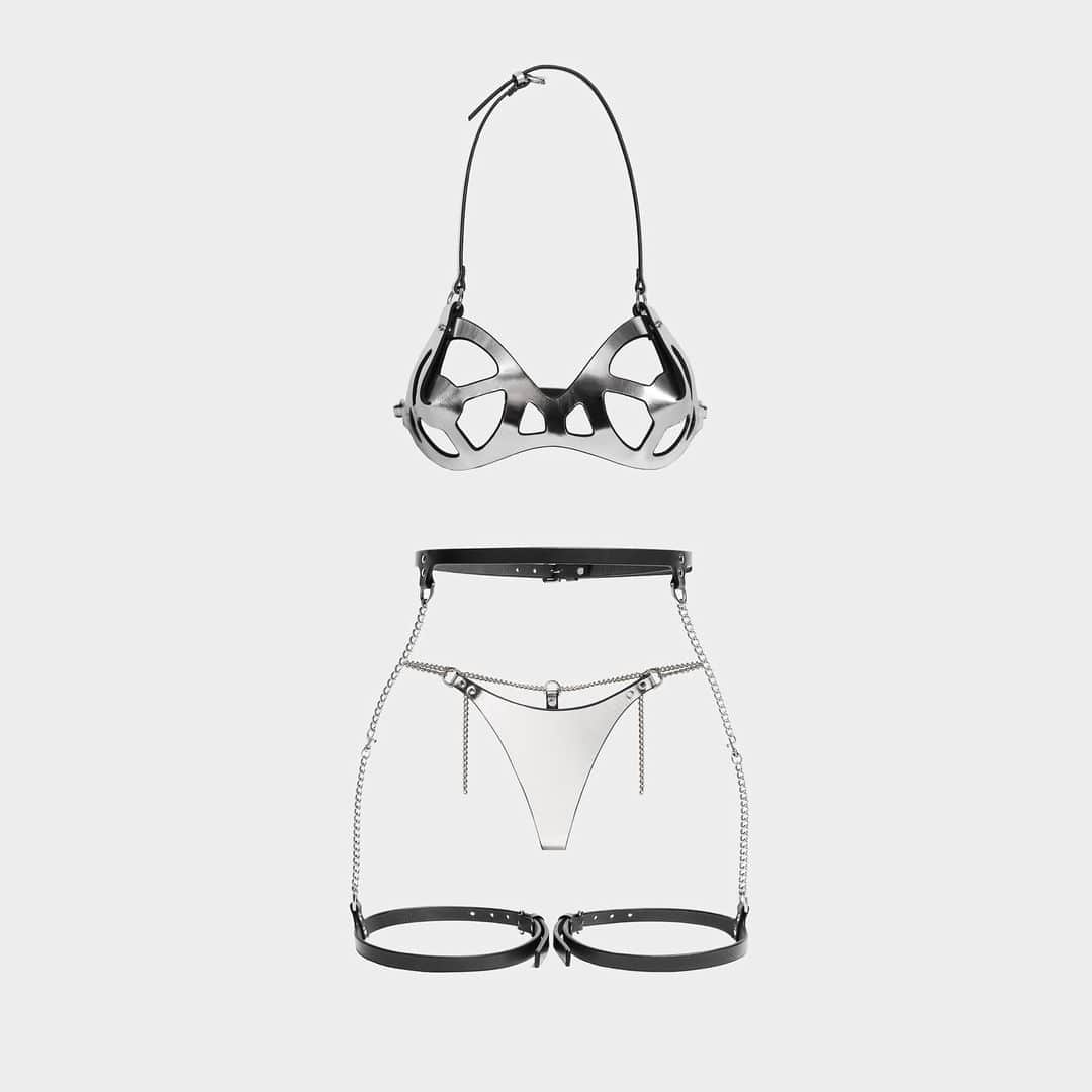 フリートイリヤさんのインスタグラム写真 - (フリートイリヤInstagram)「The Target Bra & the Chain Thong in Silver, the Slim Chain Suspender Harness in Black. #fleetilya #leatherlingerie」12月9日 3時06分 - fleetilya