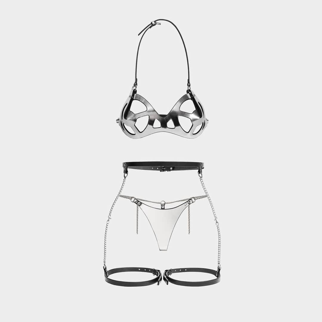 のインスタグラム：「The Target Bra & the Chain Thong in Silver, the Slim Chain Suspender Harness in Black. #fleetilya #leatherlingerie」