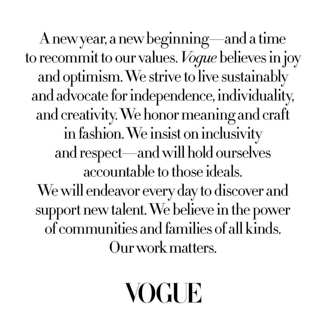 Vogue Parisさんのインスタグラム写真 - (Vogue ParisInstagram)「#VogueValues2021 A new year, a new beginning—and a time to recommit to our values. Vogue believes in joy and optimism. We strive to live sustainably and advocate for independence, individuality, and creativity. We honor meaning and craft in fashion. We insist on inclusivity and respect—and will hold ourselves accountable to those ideals. We will endeavor every day to discover and support new talent. We believe in the power of communities and families of all kinds. Our work matters.  Editors-in-Chief, Vogue.」12月8日 18時36分 - voguefrance