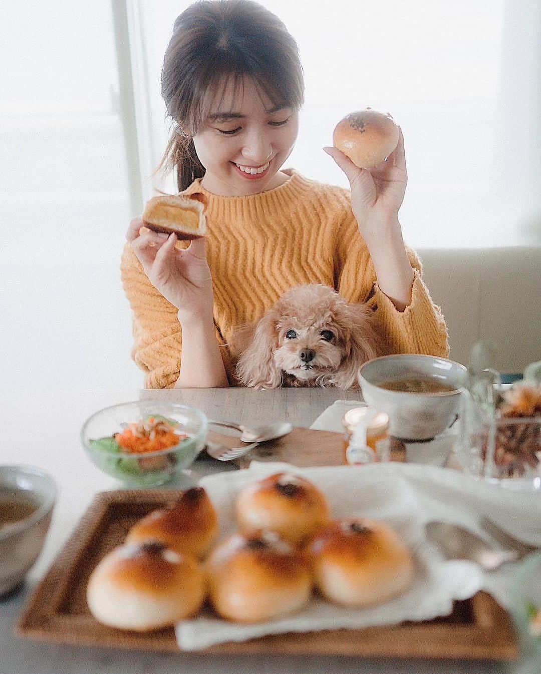 mikicoco00のインスタグラム：「* * 最近のパン作り🍞 安納芋のあんぱん🍠を作ってみました♡ 安納芋のあんをみっちりと詰め込みました🥺 上手く出来て嬉しくて動画撮りました🤭  ちなみにニットもお芋カラ－🙈💛笑 * * * *  #カメラ目線#バッチリ#わんこ  #お家時間#お家ぱん #パン作り#てごねパン  #あんぱん#安納芋あんぱん」