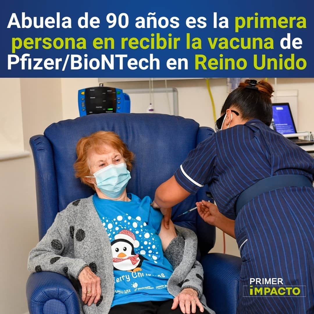のインスタグラム：「Gran Bretaña inició este martes 8 de diciembre el mayor programa de vacunación en la historia del país y la primera en recibir la dosis de la vacuna contra el #covid19 producida por #Pfizer #BioNTech ha sido una abuela de 90 años.⁠ ⁠ La histórica inoculación se le suministró a Margaret Keenan en el Hospital Universitario de Coventry, en el centro de Inglaterra.⁠ ⁠ "Me siento tan privilegiada de ser la primera persona vacunada contra el covid-19, es el mejor regalo de cumpleaños anticipado que podría desear porque significa que finalmente puedo esperar pasar tiempo con mi familia y amigos en el nuevo año después de estar sola la mayor parte del año", dijo Keenan, que la próxima semana cumplirá 91 años, a @bbcnews.⁠ ⁠ #ReinoUnido acumula más de 1,544,000 casos de #coronavirus y más de 61,500 muertes por la misma causa.⁠ ⁠ Ha sido el primer país en autorizar de emergencia la vacuna de Pfizer-BioNTech para lo cual ordenó la adquisición de 40 millones de dosis que servirán para inocular a 20 millones de personas.」