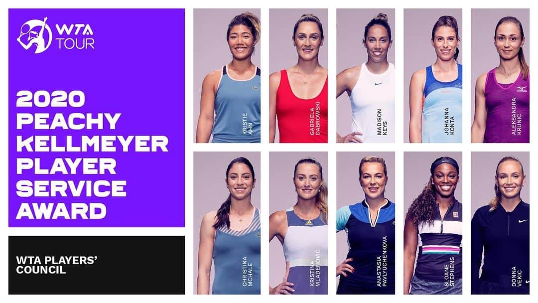 WTA（女子テニス協会）さんのインスタグラム写真 - (WTA（女子テニス協会）Instagram)「The 2020 Peachy Kellmeyer Player Service Award, voted on by the players, has been awarded to the 10 members on the WTA Players’ Council for their dedicated leadership during this unprecedented season. ⁣ ⁣ @kahn1 ⁣ @gabydabrowski ⁣ @madisonkeys ⁣ @johannakonta ⁣ @alexkrunic ⁣ @christina_mchale ⁣ @kristinamladenovic93 ⁣ @nastia_pav ⁣ @sloanestephens ⁣ @donnavekic」12月9日 4時54分 - wta