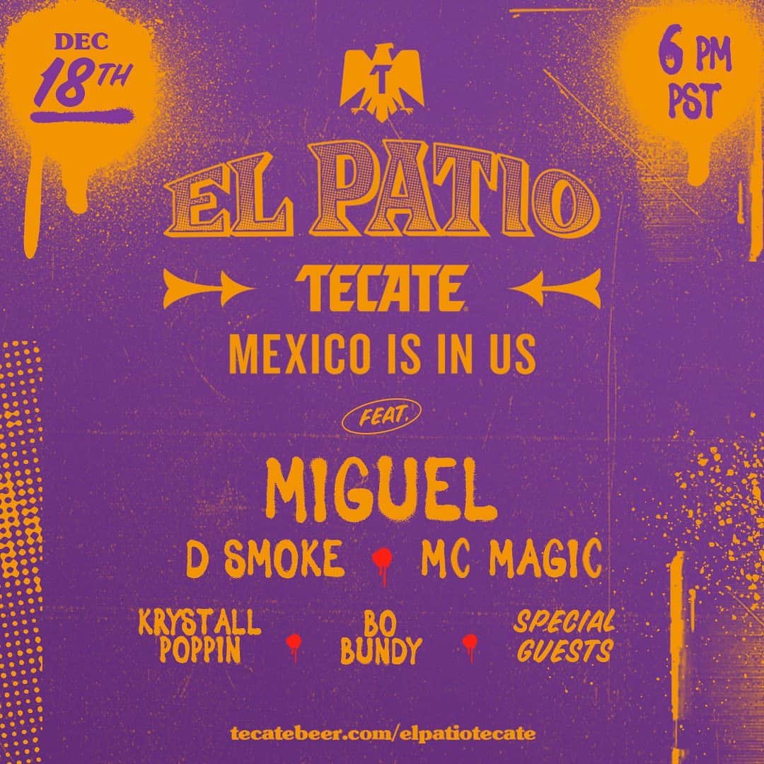 ミゲルさんのインスタグラム写真 - (ミゲルInstagram)「Oye! Join me at #ElPatioTecate next Friday, December 18th at 6pm PST. We’ll be celebrating the mix of cultura and tradition that lives within us all. #MEXICOISINUS @tecate」12月9日 7時36分 - miguel