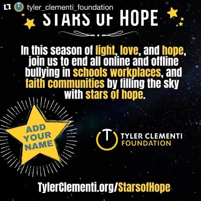 のインスタグラム：「Repost @tyler_clementi_foundation In this season of light, love, and hope, join us to end all online and offline bullying in schools, workplaces, and faith communities by filling the sky with stars of hope. Give the gift of hope by donating a star to honor or memorialize a loved one.  LINK IN BIO ⠀ ⠀ Your gift is needed now more than ever to help us continue our work in creating a world of kindness, respect, and compassion. ⠀ ⠀ If you haven't done so already, please sign the Tyler Clementi Foundation's Upstander Pledge today and have 3 friends sign as well. ⠀ ⠀ Promise to be kind and respectful, showing empathy to everyone, not despite our difference but because our differences make us special, precious, and worthy to be celebrated.⠀ ⠀ If you witness someone being harassed, intimidated, or bullied don't remain a passive bystander, be an active Upstander, someone who stands up and speaks out! Intervene by interrupting the situation and/or reaching out to the target to make sure they are safe, know where their resources are, and most importantly, that they are not alone.⠀ .⠀ .⠀ .⠀ .⠀ .⠀ .⠀ .⠀ .⠀ .⠀ .⠀ #Upstanders #Kindness #TylerClementiFoundation #CultureofKindness #EndBullying #BullyingPrevention #StopBullying #Day1 #TrueFaithDoesNotBully #JoinTheMovement #BeKind #Love #Respect #Empathy #EndBullying」