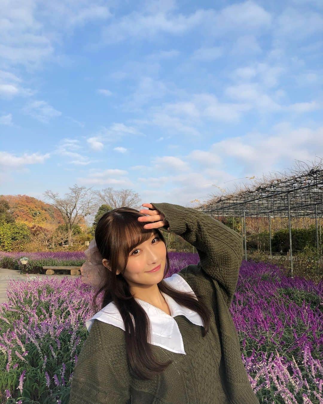 矢倉楓子さんのインスタグラム写真 - (矢倉楓子Instagram)「空とお花が綺麗〜💐💙 ここオススメです☝️  #足利フラワーパーク #イルミネーション #ラベンダー #ビッグシュシュ #ニットコーデ　#ヘアアレンジ  #ハーフアップ」12月9日 22時06分 - fufu_ice
