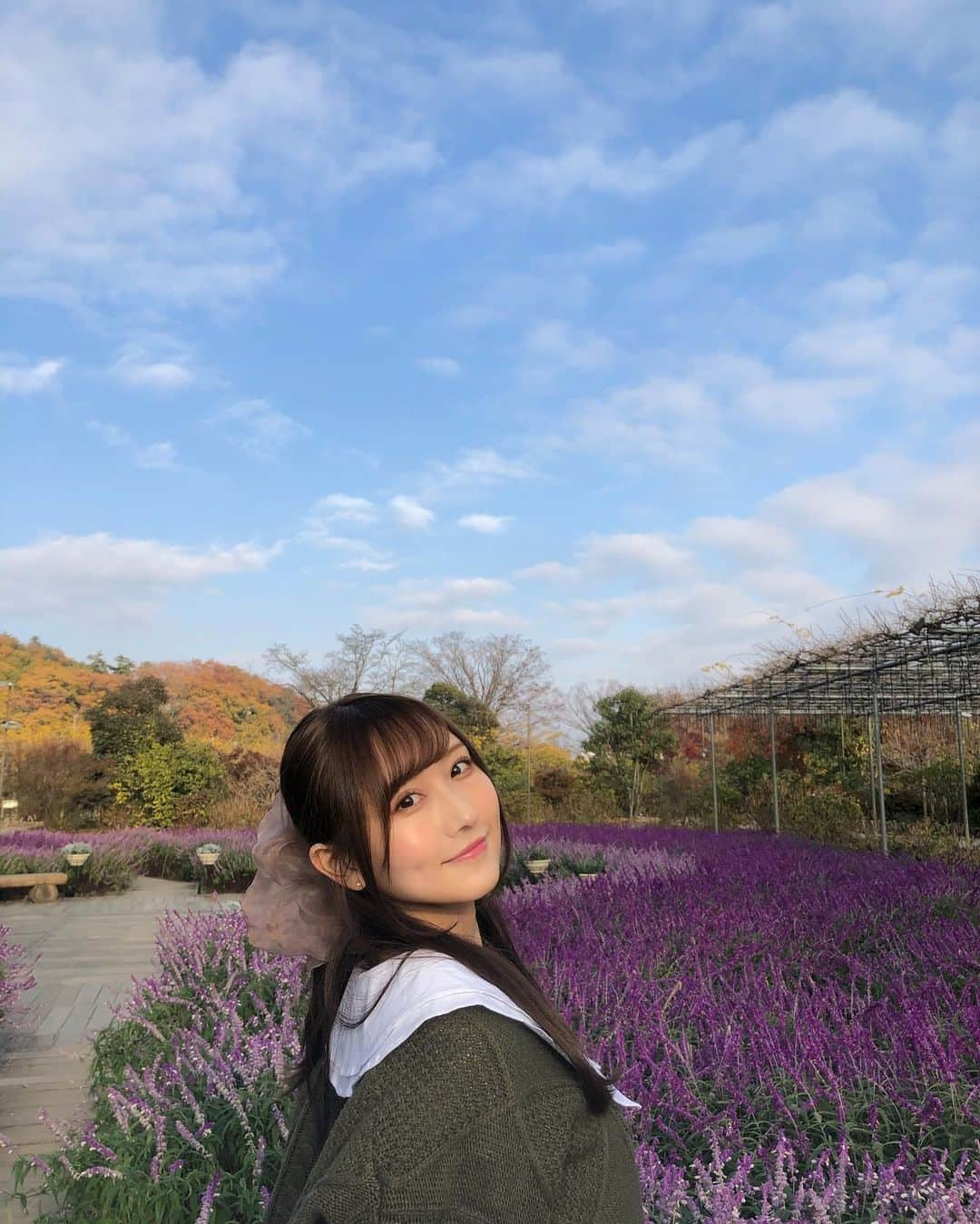 矢倉楓子さんのインスタグラム写真 - (矢倉楓子Instagram)「空とお花が綺麗〜💐💙 ここオススメです☝️  #足利フラワーパーク #イルミネーション #ラベンダー #ビッグシュシュ #ニットコーデ　#ヘアアレンジ  #ハーフアップ」12月9日 22時06分 - fufu_ice