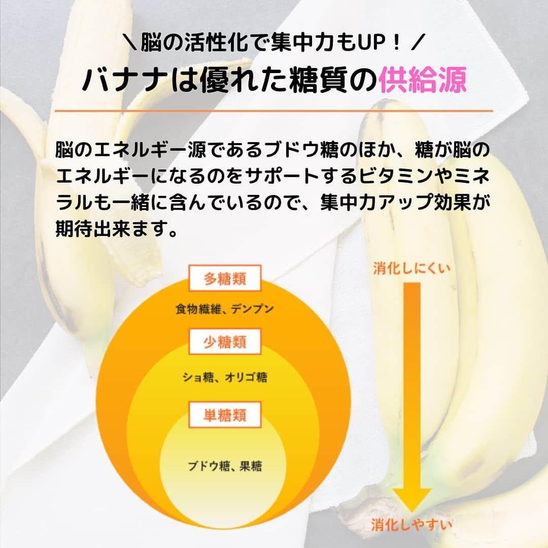 Sumifruさんのインスタグラム写真 - (SumifruInstagram)「＼カラダに必要なエネルギー源！／ 🍌バナナがもつ糖質の豆知識🍌  バナナは優れた糖質の供給源だと、アスリートにも注目されています  バナナに含まれる糖質は、脳のエネルギー源である#ブドウ糖 のほか、#糖が脳のエネルギーになるのをサポートする#ビタミン や#ミネラル も一緒に含んでいるので、#集中力アップ 効果が期待出来ると言われています♪  スライドで、是非チェックしてみてくださいね🍌  #バナナはスミフル  #甘熟王  #バナナの栄養  #アスリート  #エネルギー  #バナナの豆知識」12月9日 18時05分 - sumifru_banana