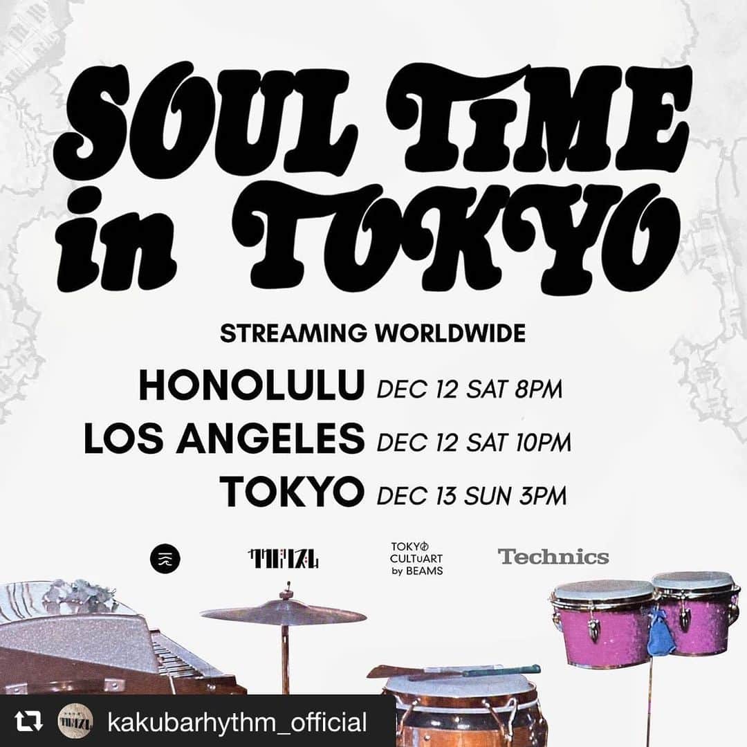 サイトウジュンさんのインスタグラム写真 - (サイトウジュンInstagram)「突然ですが、ALOHA GOT SOUL （from Hawaii）のパーティ「SOUL TIME IN TOKYO」を13日今週日曜日15時からYouTubeカクバリズム公式でプレミア公開いたしまーす！広義な意味でのハワイアンレアグルーヴをDJ配信、一回きりの、無料での、ストリーミングになります！毎年、春頃にALOHA GOT SOUL @alohagotsoul をハワイから迎えていたSOUL TIME IN TOKYOですが、今年は諦めかけていた矢先、関係者一同一念発起、試行錯誤の末、オンラインでの開催、年内ギリギリ滑り込みになりました！ホノルル、LA、東京の３都市からの模様を配信する形になります。マーチ関連も今年ならでは、といった感じで、色々と趣向を凝らしてみました。来年に繋げるためにも是非チェックしていただけると有難いです。そして、いつもサポートしてくださってる皆様ありがとうございます、今年はいつもとはちょっと違う面白さ、あります。初めましての方、大歓迎です。ハワイの音楽の素晴らしさ、ユニークさ、色々な一面を感じられるかもしれません。ということで、東京は日曜日のちょうど夕暮れ直前からのスタートです。ごゆっくりお楽しみいただけたらと思います。🤙😚🌴⛱  #repost @kakubarhythm_official via @PhotoAroundApp  ALOHA GOT SOUL（from HAWAII）のレギュラーパーティー”SOUL TIME IN HAWAII”の東京版『SOUL TIME IN TOKYO』。４回目の開催となる今年は、12/13（日）15時よりカクバリズムのオフィシャルYouTubeチャンネルにて、ホノルル、LA、東京の３都市から無料でのオンラインストリーミングでお届けいたします。  ホノルルからは、ALOHA GOT SOUL主宰のROGER BONGとオリジナルメンバーであるOLIVER SEGUINによるレアなB2Bセット。LAからは、昨年よりALOHA GOT SOULに合流、dublabにも参加するディガー、VINYL DONが登場。そして東京は、レギュラーメンバーであるJUN SAITOが担当。と、出演者すべてHAWAIIAN VINYLを中心としたSETでお届け。アーカイブ無しの放送となりますので是非ともお見逃しなく！  また、毎年お馴染みのエクスクルーシヴ・マーチは、AGSとTOKYO CULTUART by BEAMSによるコラボレーションで制作されたラグマット、そしてマグカップというSTAY AT HOMEなアイテムが登場。別注カラーのロングスリーヴ Tシャツとエコバッグのご用意もあります。さらに、カクバリズムとのスペシャルコラボアイテムのロングスリーヴTシャツ、CUP AND CONEのオリジナルボディを使用したニットキャップも販売予定しております。それぞれ販売サイトは異なりますので下記のマーチ詳細をご確認ください。 　 およそ90分間となるサウンドジャーニー。SOUL TIME IN TOKYO 2020、是非お楽しみくださいませ！コロナウィルスの収束を願いつつ、いつかまた皆さまと元気にお会いできることを楽しみにしております！  ----------------------- 【EVENT INFO】 SOUL TIME IN TOKYO 2020 supported by Technics  -Worldwide Streaming- on KAKUBARHYTHM OFFICIAL YouTube Channel  12/12（土）20:00 – Honolulu 12/12（土）22:00 – Los Angels 12/13（日）15:00 – Tokyo  Tokyo- December 13th Sunday 3PM(JST) Honolulu- December 12th Saturday 8PM(HST) Los Angels- December 12th Saturday 10PM(PST)  カクバリズム公式YouTubeチャンネルにて12/13（日）15:00~プレミア公開  DJs： ROGER BONG & OLIVER SEGUIN（Honolulu） VINYL DON（Los Angels） JUN SAITO（Tokyo）  Video Edit： Tatsuhiko Nakahara ----------------------- #kakubarhythm #alohagotsoul #tokyocultuartbybeams #technics  #soultimeintokyo」12月9日 19時44分 - jxjxysig