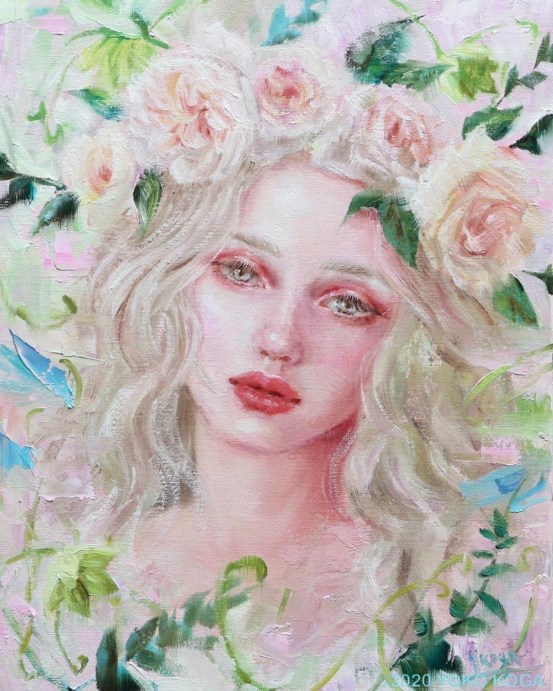 古賀陽子のインスタグラム：「“The Nymph with a Corolla -The White Roses-” 2020, oil on canvas, 409×318mm "花冠のニンフ ー白い薔薇ー” F6号 ・ ———————————————————————  #アート #アーティスト #アートワーク  #アートコレクター #画家 #美術館 #作品 #絵画展 #アートのある暮らし #絵のある暮らし #アート好きな人と繋がりたい #ギャラリー #油絵 #人物画 #美人画 #神戸 #color #beautiful #nymph #exhibit #artistsoninstagram #oiloncanvas #art #artwork #gallery #artist #painting #exhibition #古賀陽子 #yokokoga」