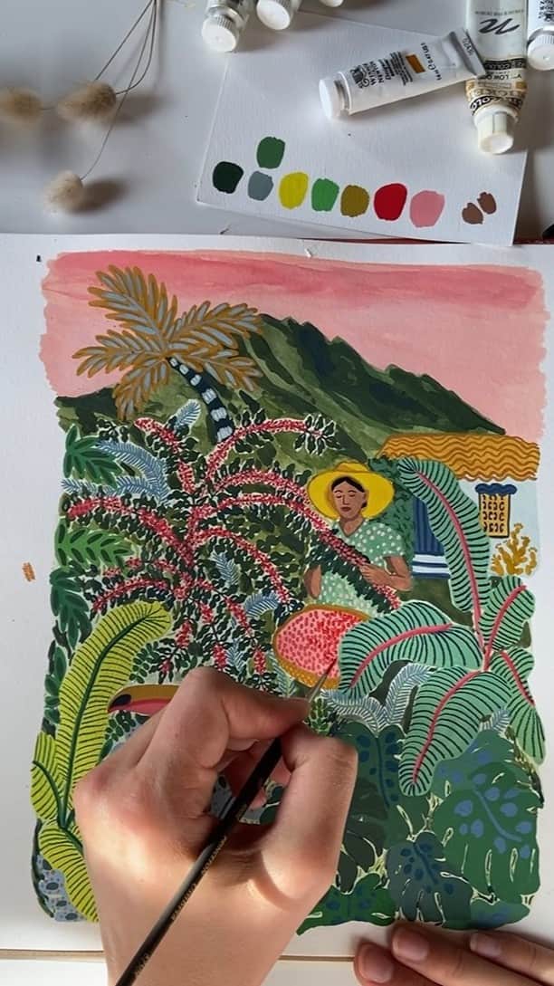 Nespressoのインスタグラム：「Pick up your pencils, watercolors, and your cup of coffee, and let’s travel together one stroke at a time. Join Angela Mckay @ohkiistudio, New York-based illustrator and surface pattern designer, as she leads us in an Illustration Masterclass inspired by our Master Origins Colombia coffee.   Are you feeling inspired for more?  3 exclusive printables are available on the Nespresso Editions board on our Pinterest. Happy coloring!  ☕ Share your creations with us by tagging @nespresso and #NespressoEditions in your posts.」