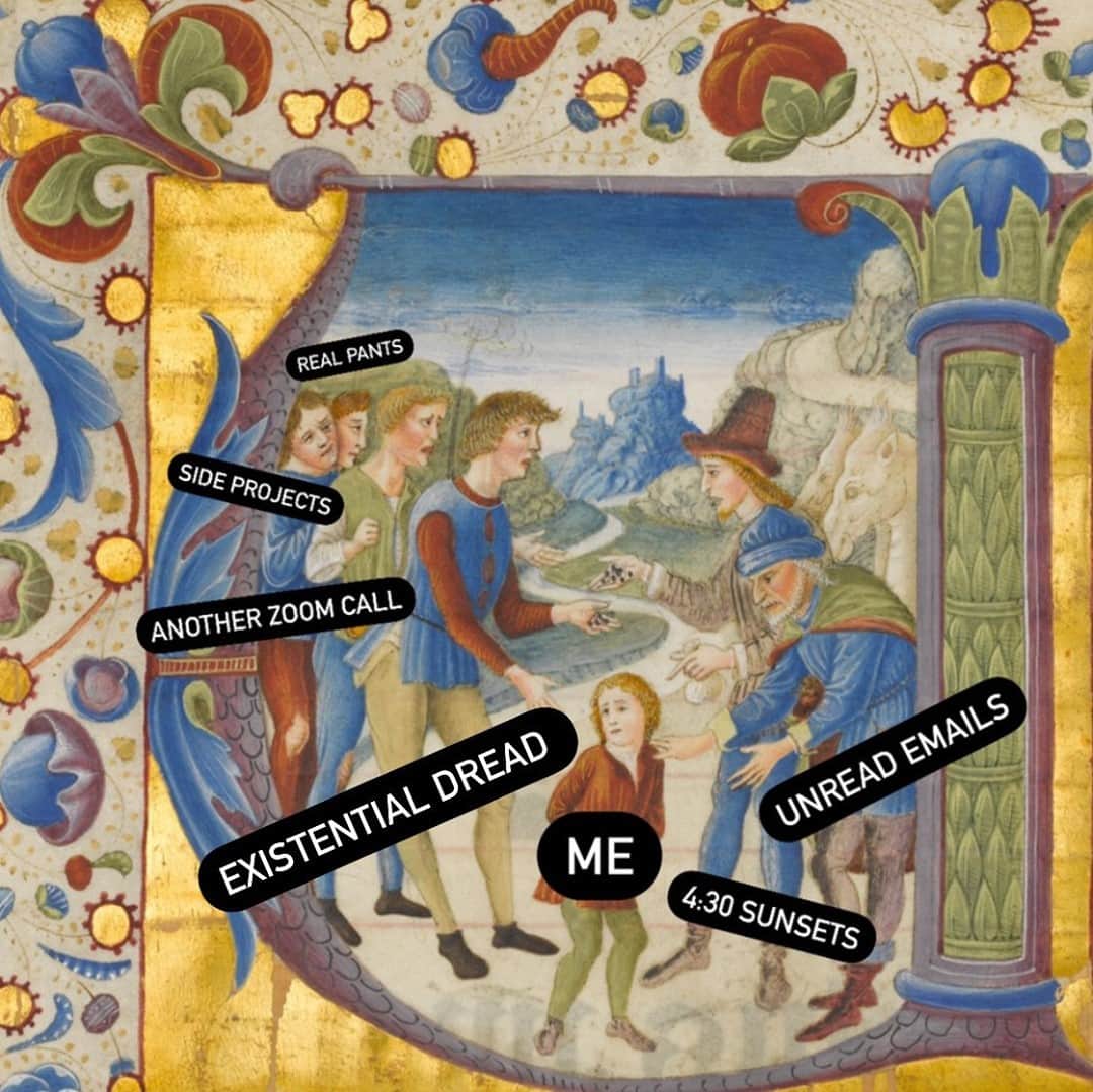 のインスタグラム：「As we craft this Met #MusMeme, our 12,393 unfinished projects, unwieldy sourdough starters, and missed calls only grow in size.⁣ ⁣ Everything is fine. 🙃⁣ ⁣ 🎨  Giovanni Pietro da Cemmo (Italian, active 1474–1507). Manuscript Illumination with Joseph Sold by His Brothers in an Initial V, from an Antiphonary, ca. 1490. @metcloisters⁣」