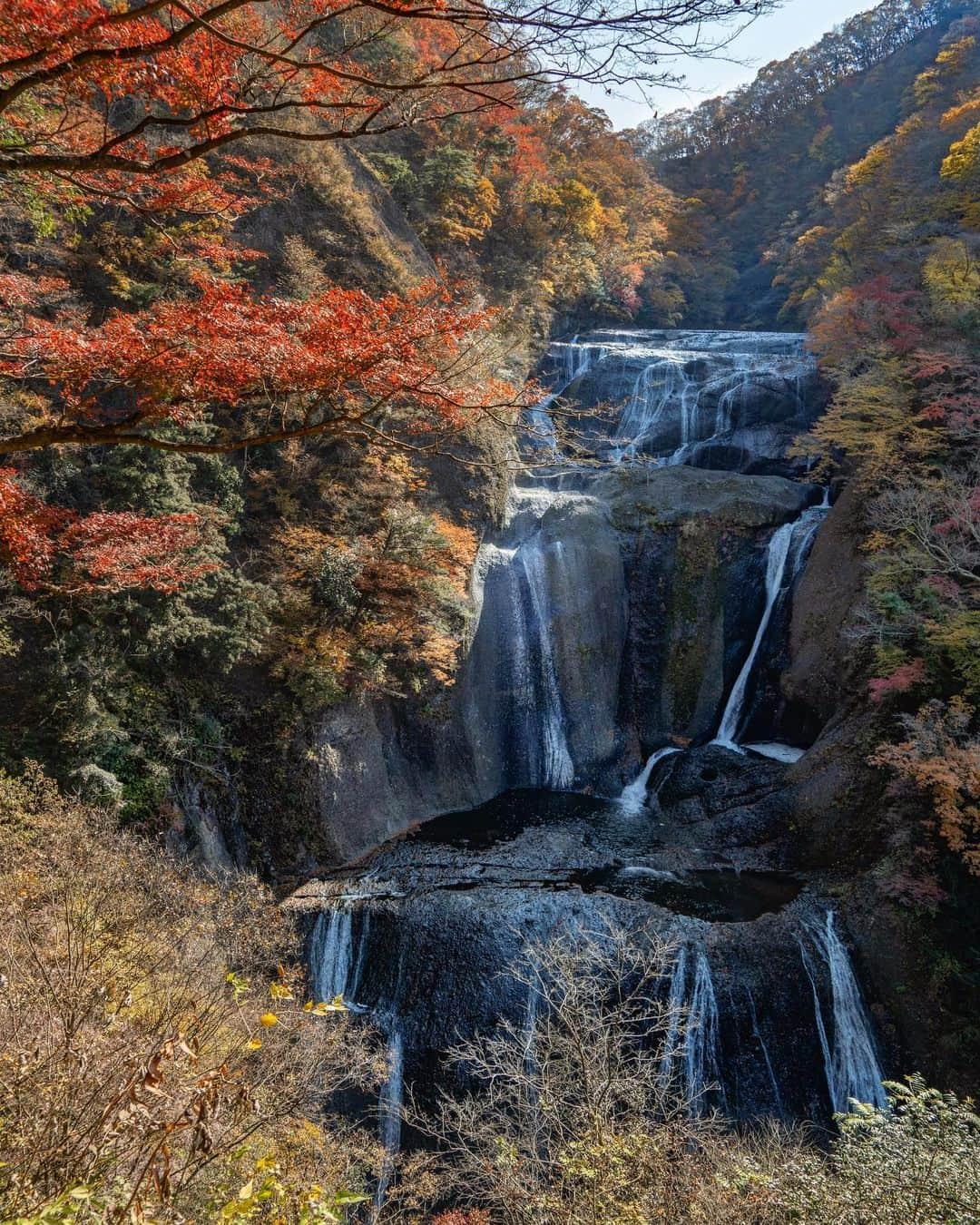 詩歩さんのインスタグラム写真 - (詩歩Instagram)「日本三大名瀑（滝）のひとつは、実は茨城県にあるんです！﻿ ﻿ 私にとっては2度目の訪問になる #袋田の滝 。﻿ ﻿ 茨城の県北エリアにあって、ほぼ福島や栃木の県境あたりにあるのですが、これが来てみてびっくり！﻿ ﻿ 高さ120m、幅73mもある本当に大迫力な滝なんです👏﻿ ﻿ 日本三大名瀑の中でも、栃木日光「華厳の滝」、和歌山熊野「那智の滝」はメジャーですが、袋田の滝は来たことがない人も多いのでは？私は3ヵ所とも行っているけど、袋田の滝は1番最後に訪れました…🤫﻿ ﻿ 紅葉の名所ということで、訪れたのは11月中旬🍁﻿ ﻿ 紅葉はまさにベストシーズン！…だったのですが、逆に雨が全然降らない週だったので水量が少なくカラカラな滝でした笑。私が前に訪れたときは展望台まで水しぶきが飛んできてカメラが濡れたほどだったんだけど…😂﻿ ﻿ まあ、雨が降ったら紅葉は落葉しちゃうので、自然というのは一筋縄では行かないからおもしろいというものです💪﻿ ﻿ そしてこれからの冬⛄﻿ ﻿ 袋田の滝は、厳冬期には実は全面が凍りつくんです！❄️﻿ ﻿ 凍りつき具合は茨城県のHPで更新されていくと思うので（今年は不明）、気になる方はぜひCHECKしてみてね〜﻿ ﻿ 🍁﻿ ﻿ One of the three greatest waterfalls in Japan is actually in Ibaraki!﻿ ﻿ This is my second visit to #Fukurotawaterfall.　It's in the northern area of Ibaraki, almost around the border of Fukushima and Tochigi, but this one surprised me when I got here!﻿ ﻿ It is a truly powerful waterfall with a height of 120 meters and a width of 73 meters 👏 Among the three major waterfalls in Japan, Kegon Falls in Nikko, Tochigi and Nachi Falls in Kumano, Wakayama are major, but there are probably many people who have never visited Fukuda Falls. I've been to all three places, but Fukuda Falls was the last one I visited...﻿ ﻿ I visited in mid-November, as it is a famous place for fall foliage. Fall foliage is just the best season! ...but on the contrary, it was a week when it didn't rain at all, so the water volume was low and the waterfall was dry. The last time I was there, the water splashed up to the observation deck and my camera got wet 😂 Well, if it rains, the leaves will fall off, so nature is interesting because it's not a simple thing to do 💪.﻿ ﻿ And the coming winter ⛄Fukuroda waterfall actually freezes over the entire surface in the harsh winter season!The freeze will be updated on the Ibaraki Prefecture's website (not sure for this year), so if you're interested, be sure to check it out!﻿ ﻿ 🍁﻿ ﻿ 茨城県さんのお仕事で「 #Zekkeiいばらき ツアー」を監修＆同行してきました！今年で５年目になるお仕事。ツアーの様子も撮影してもらったので、Youtubeでの公開をおたのしみに！﻿ ﻿ ツアーに参加してくれた皆さんのpostもぜひ見てね♡﻿ @ooooooayumioooooo﻿ @niaokada﻿ @tg_mari729﻿ ﻿ ﻿ 📷 Nov 2020 ﻿ 📍袋田の滝／茨城県 ﻿ 📍Fukurofa waterfalls／Ibaraki Japan﻿ #shiho_ibaraki ﻿ ﻿ ﻿ ﻿ ﻿ ©Shiho/詩歩﻿」12月10日 15時57分 - shiho_zekkei