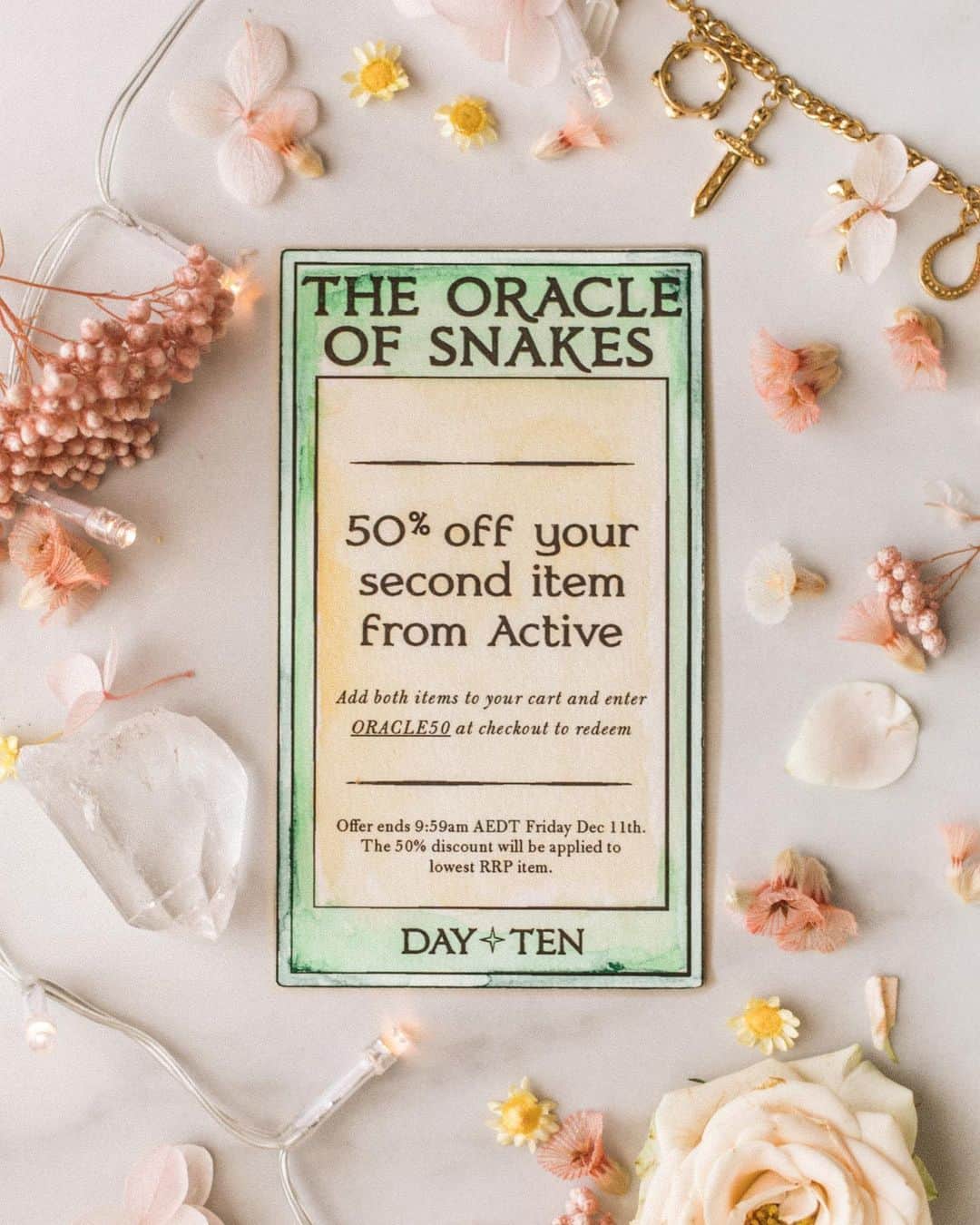 SPELLさんのインスタグラム写真 - (SPELLInstagram)「✧ Twelve days of ORACLE OFFERINGS ✧ Day Ten ~ The Oracle of Snakes 50% off your second item from Active. Enter ORACLE50 at checkout to redeem. . #spell12daysxmas Offer ends 9:59am AEDT Friday Dec 11th / 2:59pm PST Thursday Dec 10th. The 50% discount will be applied to lowest RRP item.」12月10日 8時05分 - spell