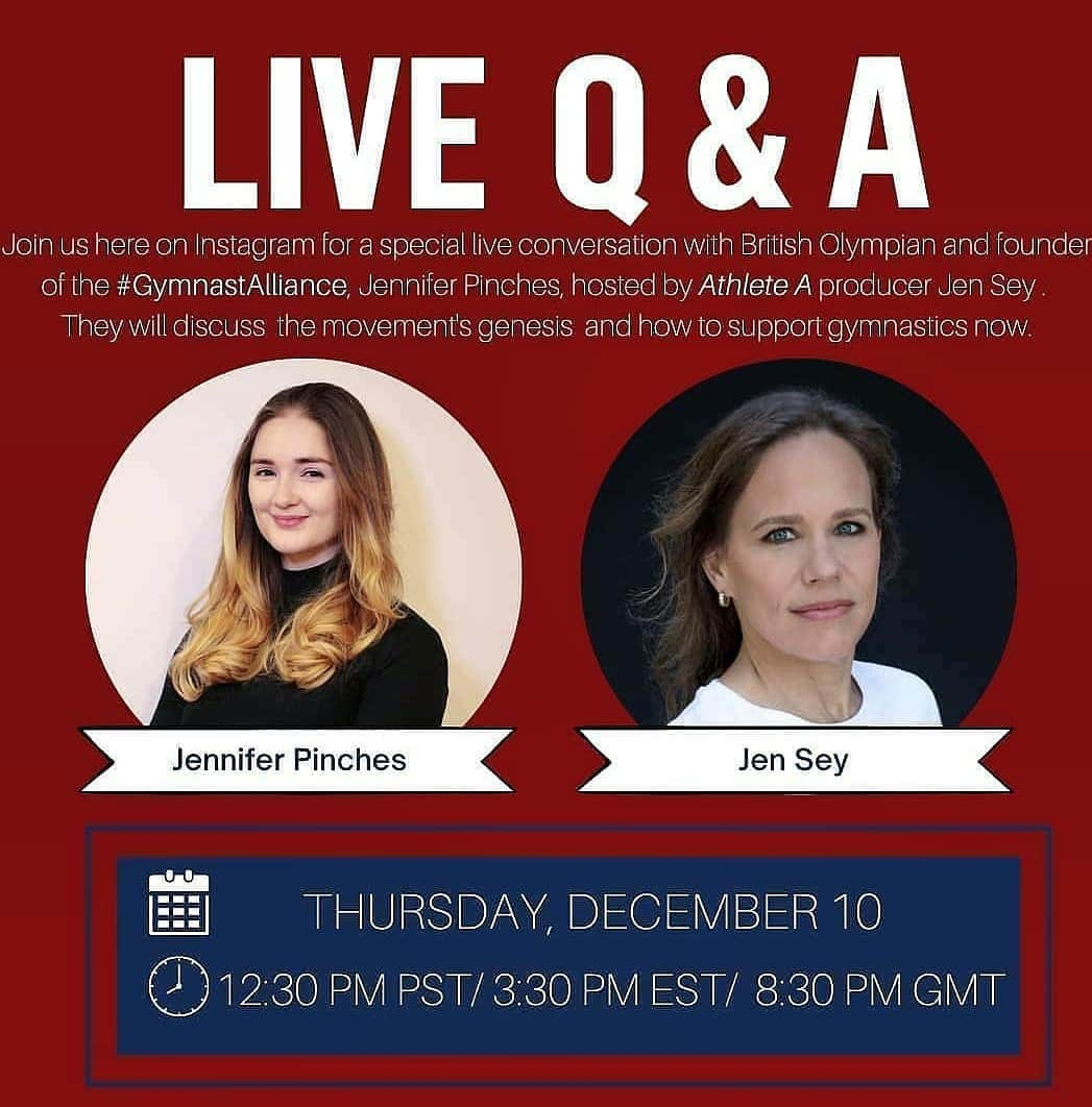 ジェニファー・ピンチズさんのインスタグラム写真 - (ジェニファー・ピンチズInstagram)「So honoured to be speaking with @jenseysf tomorrow (Thurs) at 8.30pm UK time over on the @athleteafilm account. For anyone unaware, Jen Sey is a fierce leader within and outside of the Gymnastics world-- former US national champion, author, whistle-blower, hugely influential advocate for athlete rights and welfare, and award-winning producer of the film that got everyone talking this year. Not to mention a marketing guru for one of the world's most loved brands @levis and the owner of such a great name!! 😉 Looking forward to our chat where we'll recap what's happened so far, from #AthleteA to #GymnastAlliance, and what needs to happen next.」12月10日 8時57分 - jennifer.pinches