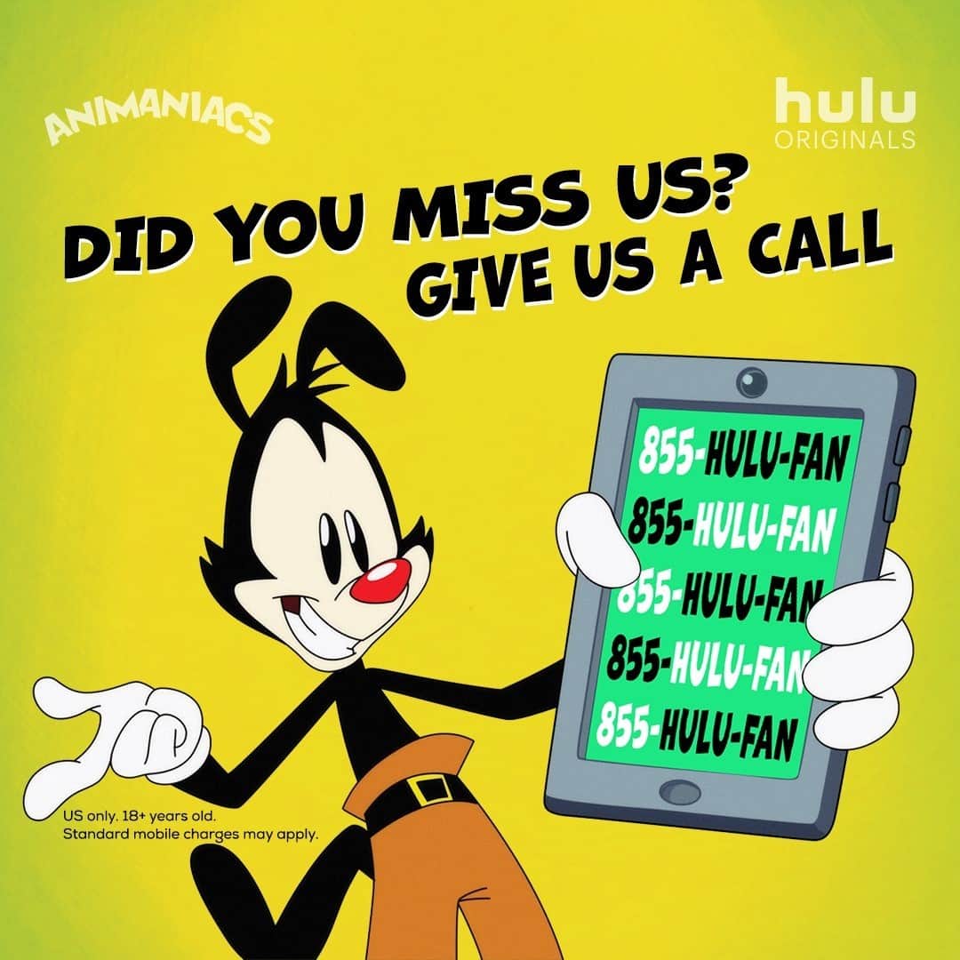 Hulu Home of Emmy-winningさんのインスタグラム写真 - (Hulu Home of Emmy-winningInstagram)「Yakko's been practicing his phone greeting all day. Use the contact button under our bio to call 1-855-Hulu-Fan and hear from your favorite Warner siblings! #Animaniacs  US only. 18+ years old. Standard mobile charges may apply.」12月10日 9時00分 - hulu