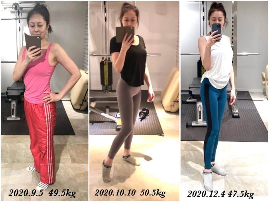 藤井美加子のインスタグラム：「☆﻿ 50歳から始めたトレーニング﻿ 3ヶ月の経過です！﻿ ﻿ 大切なのは体重じゃないこと﻿ 見てわかりますね。﻿ 一番の見てね！！ポイントは﻿ ウェアの変化です！最初のズボンがさw﻿ 記念にオサラバしました！！👋﻿ ﻿ ﻿ 筋トレを始めて分かったのは﻿ 習慣が変わるということ！！﻿ 習慣が変わると身体が変化する﻿ ダイエットも我慢も要らないの﻿ ﻿ ﻿ 恥ずかしげもなくこれを載せたのは﻿ 心に寄り添って、不安を解消してくれて、全ての疑問に答えてくれた２人の信頼するトレーナーさんに"ありがとう"の気持ちです。私の目指す結果が出たのは トレーナーさんと私の真面目さです🤝笑 自分を褒める事もトレーニングで学んだからね、早速導入！ ﻿ そして、更に締めていくのだ！﻿ トレーニングは続く。。。﻿ ﻿ ﻿ ﻿ #トレーニング#ヒップアップ#バストアップ#パーソナルトレーニング#トレーニング女子#筋トレ#筋トレ女子#ボディメイク#50歳の挑戦#三木美加子#traning#gim#workout#bodymake」