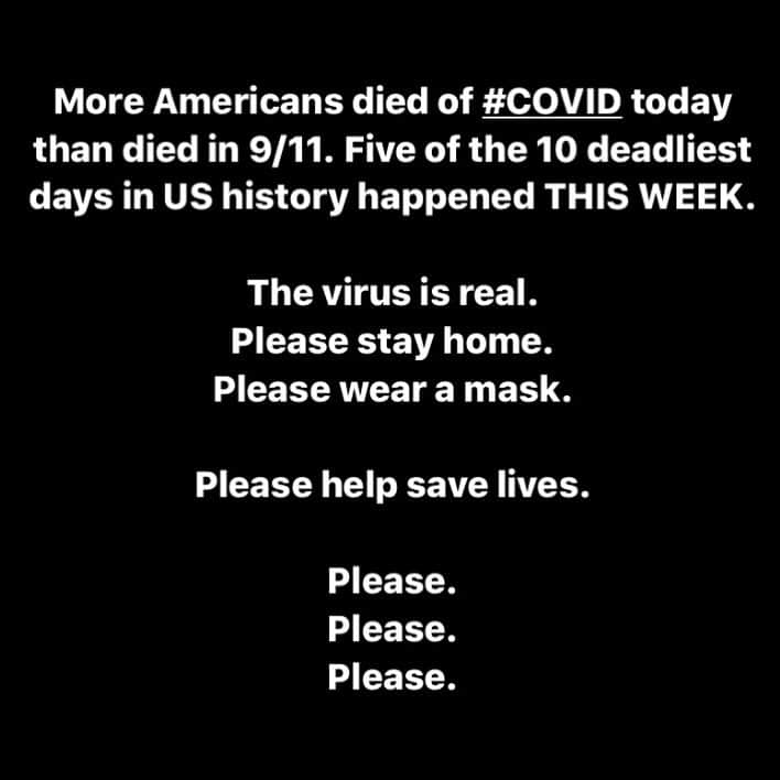 ミーシャ・コリンズさんのインスタグラム写真 - (ミーシャ・コリンズInstagram)「More Americans died of #COVID today than died in 9/11. Five of the 10 deadliest days in US history happened THIS WEEK.   The virus is real.  Please stay home.  Please wear a mask.   Please help save lives.   Please.   Please.   Please.」12月10日 13時35分 - misha