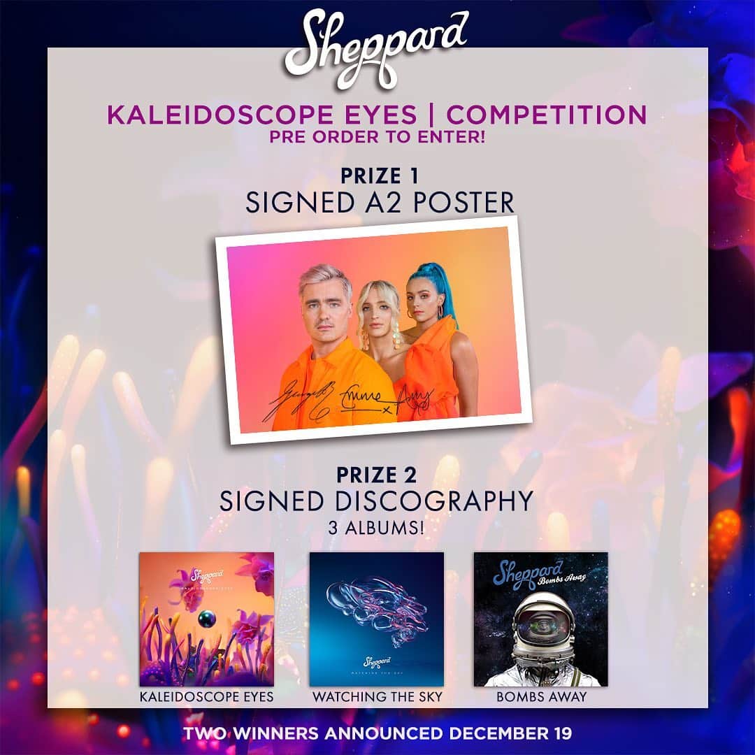 シェパードのインスタグラム：「⚡️COMPETITION TIME⚡️To celebrate our 3rd album, we’re doing a bunch of fun giveaways. Win a signed A2 poster OR a signed back catalogue, both prizes with personalised letters. Head over to the link in our bio for more details!」