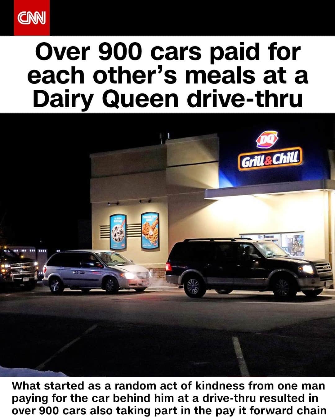 CNNさんのインスタグラム写真 - (CNNInstagram)「At a drive-thru in Brainerd, Minnesota, one man paid for his meal and for the car behind him as an act of kindness, Tina Jensen, the store manager, told CNN. She said this happens once in a while but at most, it lasts for 15 or 20 cars and fizzles out. This time, the chain continued for two and a half days with more than 900 cars participating, raking in $10,000 in sales, according to Jensen. "During times like these it kinda restores your faith in humanity a little," said Heidi Bruse, who played a role in the chain and kept it going.⁠ (📸: Tina Jensen)⁠」12月10日 17時01分 - cnn
