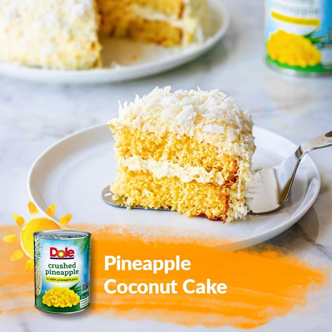 Dole Packaged Foods（ドール）のインスタグラム：「Cure cold weather blues with a tropical treat! 🏝️   INGREDIENTS: 1 can (20 oz.) DOLE® Crushed Pineapple in 100% Pineapple Juice 1 box (2 layer) yellow cake mix 1 tbsp. coconut extract 1 pkg. (4 serving size) JELL-O® Instant Vanilla Pudding 1 cup lowfat milk, cold 1 tub (8 oz.) COOL WHIP® Whipped Topping, thawed, divided 2 cups BAKERS® Sweetened Flake Coconut  INSTRUCTIONS: 1) Preheat oven to 350°F. Spray 2 (9-inch) cake pans with cooking spray. 2) Drain pineapple; reserve juice. Divide crushed pineapple in half; set aside. 3) Prepare cake mix according to package directions, replacing amount of water called for with reserved juice and adding coconut extract; beat 2 minutes. Fold in half of the crushed pineapple into cake batter. 4) Pour cake mix into prepared cake pans. Bake 30 to 35 minutes or until toothpick inserted in center comes out clean. 5) Cool in pan 10 minutes. Remove from pan onto wire rack; cool completely. 6) Stir together pudding and cold milk until smooth, about 2 minutes; fold in whipped topping. Combine remaining pineapple with 1-1/2 cups of frosting. Place one cake layer onto plate, spread pineapple frosting over top. Place second cake over top. Frost top and sides of cake with remaining pudding frosting. Garnish with coconut; refrigerate 1 hour before serving.」