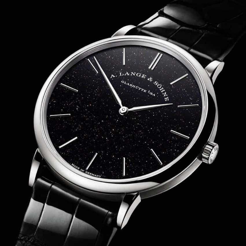 のインスタグラム：「Although it is known as a brand which is often associated with complicated watches, A. Lange & Söhne is introducing its second ultra-thin wristwatch named Saxonia Thin “Black Gold Flux”. Details and pricing on the web site. Link in bio.」