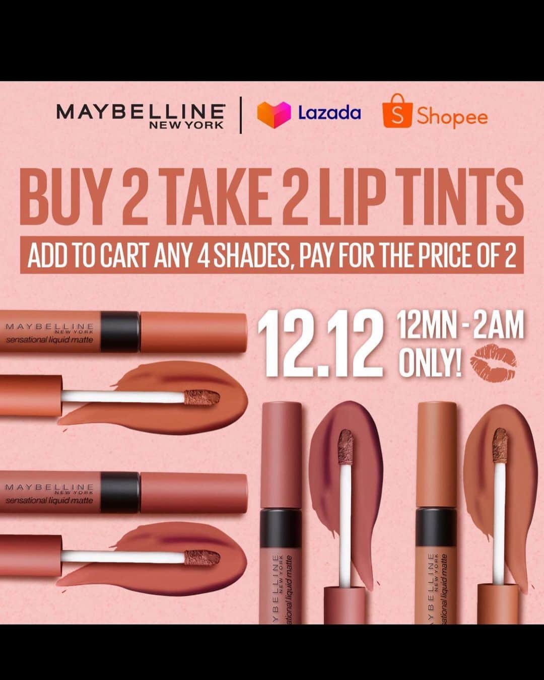 リザ・ソベラーノさんのインスタグラム写真 - (リザ・ソベラーノInstagram)「I have some very exciting news for my fellow makeup lovers! For the first time ever, @maybellinephshop’s Sensational Liquid Matte Lip Tint will be on SALE for BUY 2 TAKE 2 in Lazada and Shopee this December 12 💄💄 All you have to do is add to cart any FOUR (4) Sensational Liquid Matte Lip Tint, check out from 12AM-2AM on December 12, and your discount will automatically be applied in your purchase!   I cannot contain my excitement because I super love these lip tints! <3 They are so pigmented, lightweight, and is a great multi-purpose product. Did I mention that it is the most TRANSFER-PROOF lip tint I have every tried? Yup! I am not kidding so better buy your own Sensational Liquid Matte Lip Tint now! Click the link on my bio to add the cart NOW and don't forget to check out on December 12, 12AM-2AM 😉 @maybellinephshop #MaybellineLipTint #MaybellinePH #SensationalLiquidMatte」12月10日 22時10分 - lizasoberano
