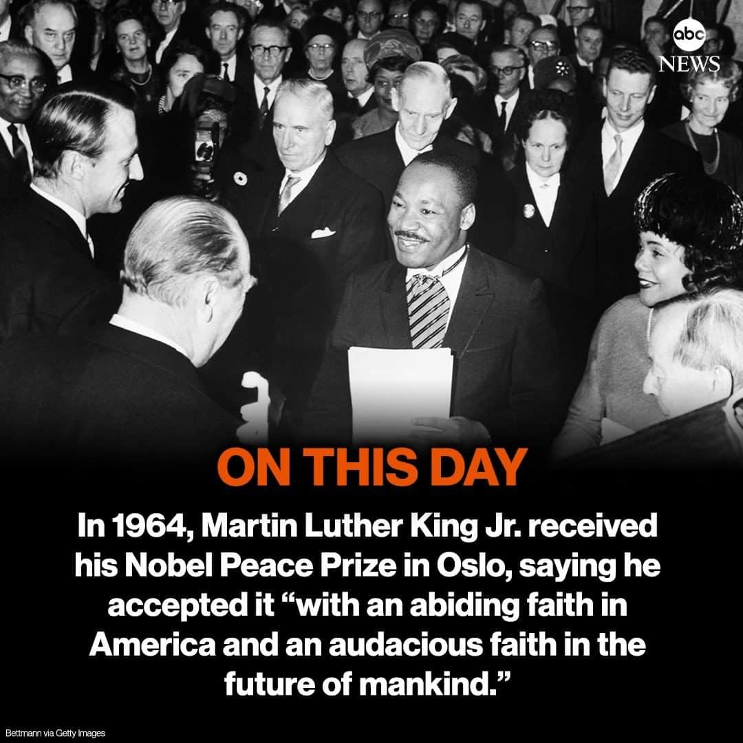 ABC Newsさんのインスタグラム写真 - (ABC NewsInstagram)「ON THIS DAY: In 1964, Martin Luther King Jr. received his Nobel Peace Prize in Oslo. #martinlutherking #onthisday #nobelpeaceprize」12月10日 22時21分 - abcnews