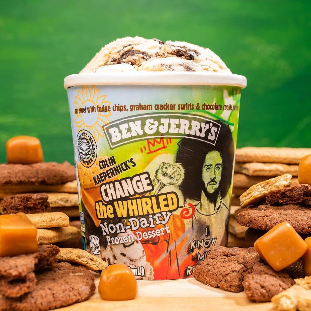 コリン・キャパニックのインスタグラム：「I’ve teamed up with @benandjerrys to serve up joy on the journey to justice!   Today, we're excited to introduce Change the Whirled, a new non-dairy flavor that hits shelves in early-2021!   100% of my proceeds will go to @yourrightscamp with matching support from Ben & Jerry's.」