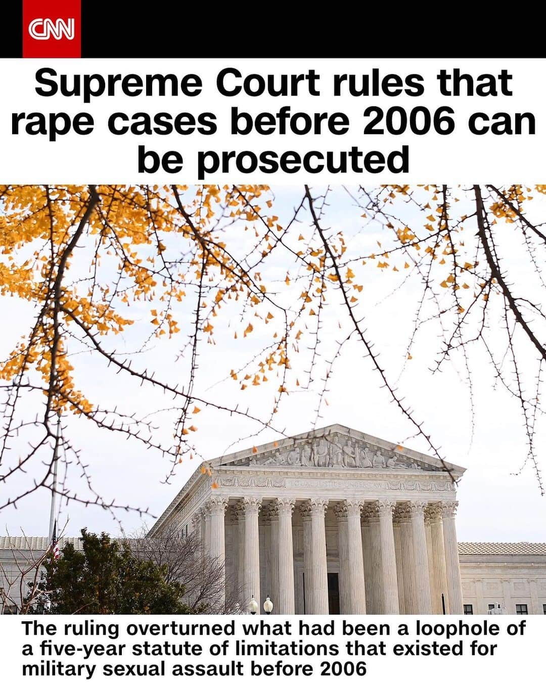 CNNさんのインスタグラム写真 - (CNNInstagram)「The Supreme Court ruled 8-0 on Thursday that the military can prosecute at any time sexual assault cases committed between 1986 and 2006, overturning what had been a loophole of a five-year statute of limitations that existed for military sexual assault before 2006. The ruling marks the first time the justices considered a sexual assault issue in the #MeToo era, wading into a years-long controversy over how the military addresses sexual misconduct in its ranks as service branches continue to face scrutiny over their lack of progress countering the problem. (📸: Mandel Ngan/AFP/Getty Images)」12月11日 10時03分 - cnn