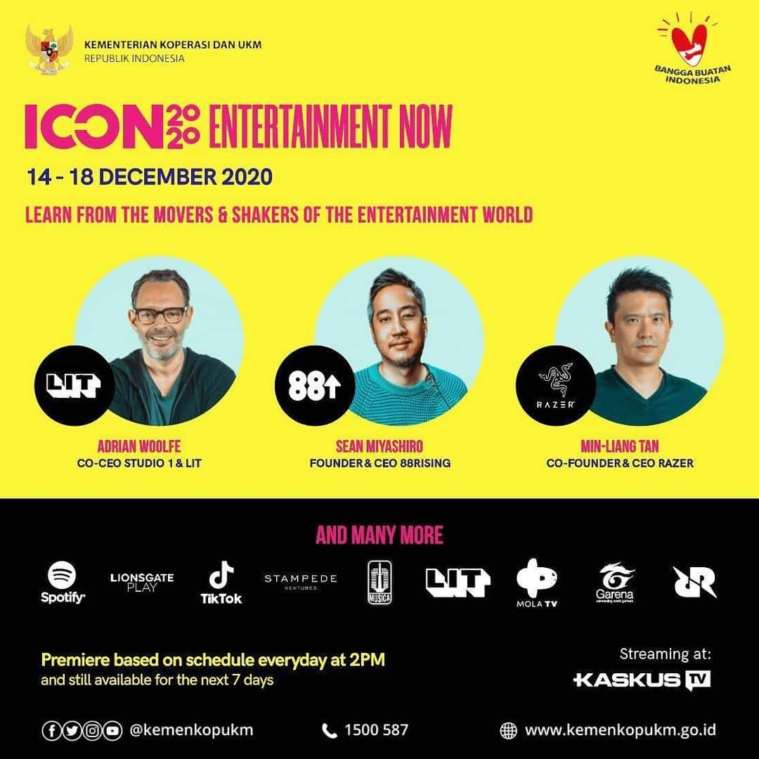 Raffi Ahmadさんのインスタグラム写真 - (Raffi AhmadInstagram)「ICON2020 Entertainment NOW!  Konferensi untuk mendekatkan brand dengan target market muda dari pembicara dalam dan luar negeri.  Jangan lewatkan kesempatan belajar dari: Sean Miyashiro, pendiri 88rising yang mengorbitkan musisi Rich Bryan, Niki dan lainnya. Adrian Woolfe, tokoh dibelakang acara popular Who Wants to be a Millionaire. Min-Liang Tan, pendiri merk perangkat game terkemuka Razer, dan pembicara lain, diantaranya: Raffi Ahmad, Joko Anwar, Najwa Shihab, Arian Arifin, Giring Ganesha, Sammy Brahmanty, Mochtar Sarman, Risa Saraswati, Anton Wirjono, Gumilang Ramadhan dan narasumber lain dari TikTok, Spotify, Mola TV, Visinema, RRQ, Agate, Garena, Wardah, Lumix.   14-18 Desember 2020 di Kaskus TV, akan ditayangkan hingga 7 hari setelahnya.  Agar para UMKM di Indonesia dapat belajar dari para expert tersebut, Kementerian Koperasi & UKM akan memberikan kode tiket gratis senilai Rp1.000.000/tiket ICON2020 Entertainment NOW untuk #SobatUMKM!  Caranya sangat mudah:  1. Posting salah satu produk unggulan UMKM sobat (dengan kualitas foto & caption yang menarik) 2. Posting pula 2 poster ICON2020 yang ada pada postingan di atas (geser kiri) 3. Tambahkan #ICON202OUMKM pada captionnya 4. Follow, tag & mention akun @kemenkopukm  5. Isi e-form berikut: http://bit.ly/ICON2020FreeTickets  Paling lambat tgl 14 Desember 2020.  Kode tiket akan diberikan oleh admin @kemenkopukm dengan gratis, tanpa biaya apapun! Terbatas!   Mari semangat terus belajar dan berkarya!  #ICON2020 #KemenKopUKM #SiapBersamaKUMKM #UMKMnaikkelas #KoperasiKeren」12月11日 10時42分 - raffinagita1717