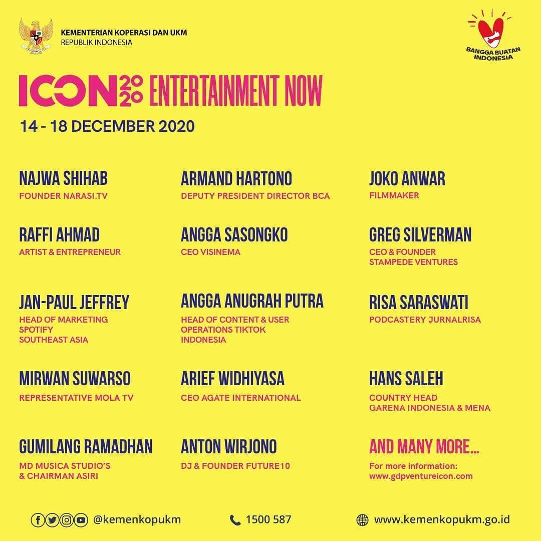 Raffi Ahmadさんのインスタグラム写真 - (Raffi AhmadInstagram)「ICON2020 Entertainment NOW!  Konferensi untuk mendekatkan brand dengan target market muda dari pembicara dalam dan luar negeri.  Jangan lewatkan kesempatan belajar dari: Sean Miyashiro, pendiri 88rising yang mengorbitkan musisi Rich Bryan, Niki dan lainnya. Adrian Woolfe, tokoh dibelakang acara popular Who Wants to be a Millionaire. Min-Liang Tan, pendiri merk perangkat game terkemuka Razer, dan pembicara lain, diantaranya: Raffi Ahmad, Joko Anwar, Najwa Shihab, Arian Arifin, Giring Ganesha, Sammy Brahmanty, Mochtar Sarman, Risa Saraswati, Anton Wirjono, Gumilang Ramadhan dan narasumber lain dari TikTok, Spotify, Mola TV, Visinema, RRQ, Agate, Garena, Wardah, Lumix.   14-18 Desember 2020 di Kaskus TV, akan ditayangkan hingga 7 hari setelahnya.  Agar para UMKM di Indonesia dapat belajar dari para expert tersebut, Kementerian Koperasi & UKM akan memberikan kode tiket gratis senilai Rp1.000.000/tiket ICON2020 Entertainment NOW untuk #SobatUMKM!  Caranya sangat mudah:  1. Posting salah satu produk unggulan UMKM sobat (dengan kualitas foto & caption yang menarik) 2. Posting pula 2 poster ICON2020 yang ada pada postingan di atas (geser kiri) 3. Tambahkan #ICON202OUMKM pada captionnya 4. Follow, tag & mention akun @kemenkopukm  5. Isi e-form berikut: http://bit.ly/ICON2020FreeTickets  Paling lambat tgl 14 Desember 2020.  Kode tiket akan diberikan oleh admin @kemenkopukm dengan gratis, tanpa biaya apapun! Terbatas!   Mari semangat terus belajar dan berkarya!  #ICON2020 #KemenKopUKM #SiapBersamaKUMKM #UMKMnaikkelas #KoperasiKeren」12月11日 10時42分 - raffinagita1717