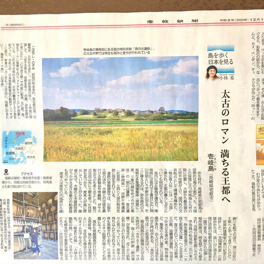 小林希さんのインスタグラム写真 - (小林希Instagram)「12/11 産経新聞で連載中の⬇️﻿ 「島を歩く、日本を見る」﻿ (隔週金曜日、生活面)﻿ ﻿ 19回目は長崎県の壱岐島です！﻿ 前回の対馬島に続いて、大陸伝来の 歴史や文化が色濃く残る島。 対馬と違い、壱岐は長崎県で2番目に 広い平野が広がります。 近くてこんなに違う地形というのも 面白いですね。 （壱岐は対馬と九州本土の間に位置します） その地形ゆえに歴史も変わっていくわけで。  弥生時代、壱岐は日本の中の 国際的な王都でした。 渡来人と日本人の交易地として、 当時最先端の文物や技術が入ってきて とても栄えていたそうです✨  写真は原の辻遺跡。 吉野ヶ里遺跡や登呂遺跡にならぶ 弥生時代の集落が見られまして、 そのなかでも原の辻遺跡は周辺の景観ふくめ かなり当時の景色と近いのでは、 と感じます❗️  タイムトラベルなら、やっぱり 壱岐島（もちろん対馬も）は おすすめの島だと思います😊 ﻿ ぜひご一読ください🙏﻿ ﻿ ﻿ #壱岐島 #sankei #産経新聞 #新連載 #島旅 #島を歩く日本を見る #island #離島﻿ #長崎県﻿ #iki」12月11日 10時44分 - nozokoneko