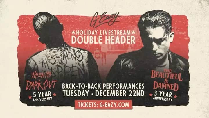 G-Eazyのインスタグラム：「Hella Excited to announce “When It’s Dark Out” and “TB&D” anniversary livestream shows on 12/22 What songs you’re most excited to see? Will be performing both albums! 🍿🍿🍿  Something special for the fans who’ve stuck with me since Day 1, especially through out this crazy year. The music keeps us together.    Tickets on sale now. Yeeeee 🔥🔥🔥」