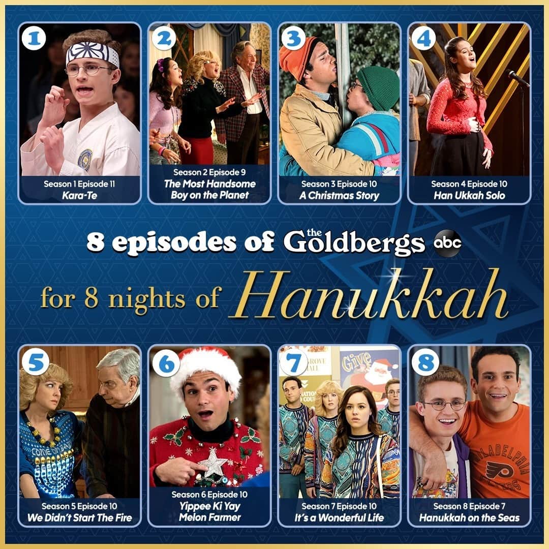 アメリカン・ブロードキャスティング・カンパニーのインスタグラム：「Starting tonight, stream eight nights of @thegoldbergsabc holiday episodes! 🤩Celebrate Hanukkah with your favorites, on demand or on Hulu! #HappyHanukkah #TheGoldbergs」