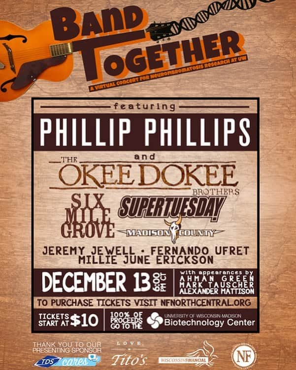 フィリップ・フィリップスさんのインスタグラム写真 - (フィリップ・フィリップスInstagram)「I’m honored to be part of the very first #BandTogether4NF for NF North Central this Sunday. 100% of the proceeds will go to the NF fund at UW-Madison to support the groundbreaking NF research currently underway. Join me this Sunday @ 6PM CT. #BandTogether4NF #linksforlauren #nfnorthcentral」12月11日 4時58分 - phillphill