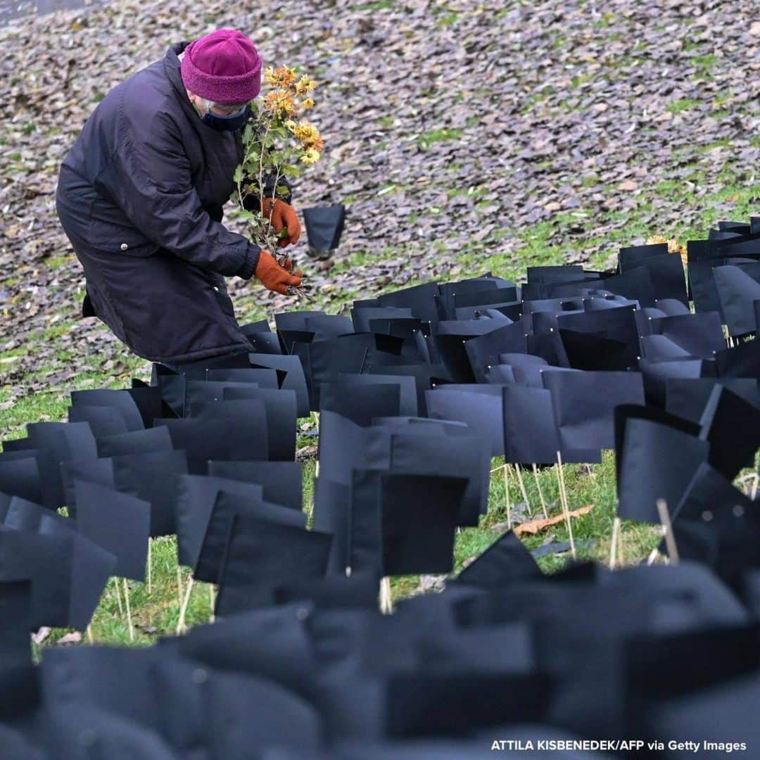 ABC Newsさんのインスタグラム写真 - (ABC NewsInstagram)「Elderly woman places flowers in front of several thousand black paper flags in tribute to the people who died during the novel coronavirus pandemic in Hungary.」12月11日 5時20分 - abcnews