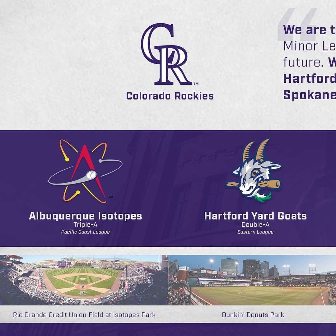 コロラド・ロッキーズのインスタグラム：「We have officially extended affiliate invitations to four Minor League clubs as part of MLB’s new player development structure: @abqtopes, @hartfordyardgoats, @spokaneindiansbaseball and @fresnogrizzlies」