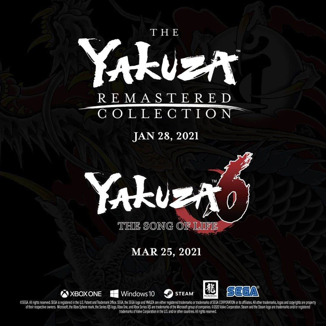 SEGAさんのインスタグラム写真 - (SEGAInstagram)「We’re excited to announce that the entire mainline Kiryu Yakuza saga will soon be available on Xbox Game Pass, Windows 10, and Steam!   🐉 The Yakuza Remastered Collection (Yakuza 3, 4, and 5 also available separately) – Jan 28, 2021  🐉 Yakuza 6: The Song of Life – Mar 25, 2021」12月11日 11時29分 - sega