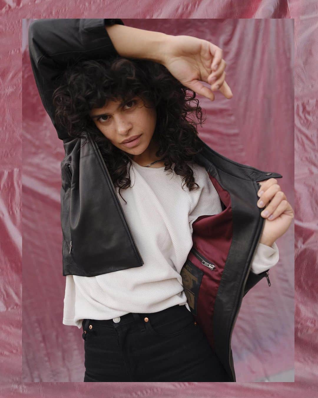 オースティン・ジレットのインスタグラム：「Always a pleasure working on @thehuntnyc and @former collaborations. Limited Edition Lambskin Leather Jacket w/ Ox Blood lining Available now! Photos by the ever so talented @mountainspirit featuring @meganrenee_w」