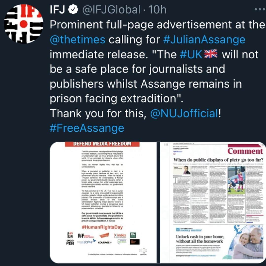 WikiLeaksさんのインスタグラム写真 - (WikiLeaksInstagram)「Prominent full-page advertisement at the @thetimes calling for #JulianAssange immediate release. "The #UK🇬🇧 will not be a safe place for journalists and publishers whilst Assange remains in prison facing extradition". Thank you for this, NUJ! #FreeAssange」12月12日 5時08分 - wikileaks