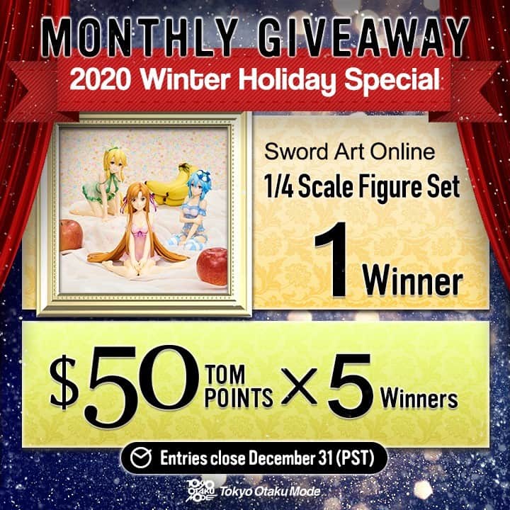 Tokyo Otaku Modeさんのインスタグラム写真 - (Tokyo Otaku ModeInstagram)「As a show of our appreciation for sticking with us during 2020, this month’s giveaway includes a special SAO figure set for 1 lucky winner!🎉 The usual $50 TOM Points is up for grabs as well😊 We look forward to your continued support next year!  Enter: https://otakumode.com/fb/gIO ---  #toyphotography #toycrewbuddies #instatoys #toycommunity #toyplanet #tokyootakumode #animefigurecollection  #figurephotography #figurecollector #giveaways #swordartonline #sao #estream #shibuyascramblefigure #asuna #shinon #leafa」12月11日 21時34分 - tokyootakumode