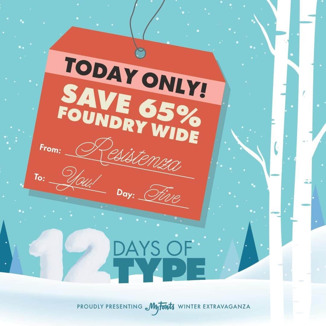 myfontsのインスタグラム：「Day 5 of the #12Days of #Type is here, with a 24-hour, 65% off flash sale on every single release from Giuseppe Salerno & Paco González’ @resistenza type foundry at https://bit.ly/34ezoDB … All 97 families are on sale – but only until tonight!」