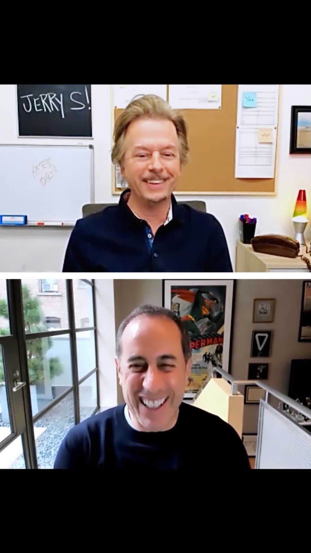 デヴィッド・スペードのインスタグラム：「Jerry sits down in the bunker, talks about his new book “Is This Anything?” We laugh about comedy, working together in San Diego & why I wore sleeveless shirts (Part 1 of 2) @jerryseinfeld. Practicing interviewing for #afterparty starting on #netflix this sunday」