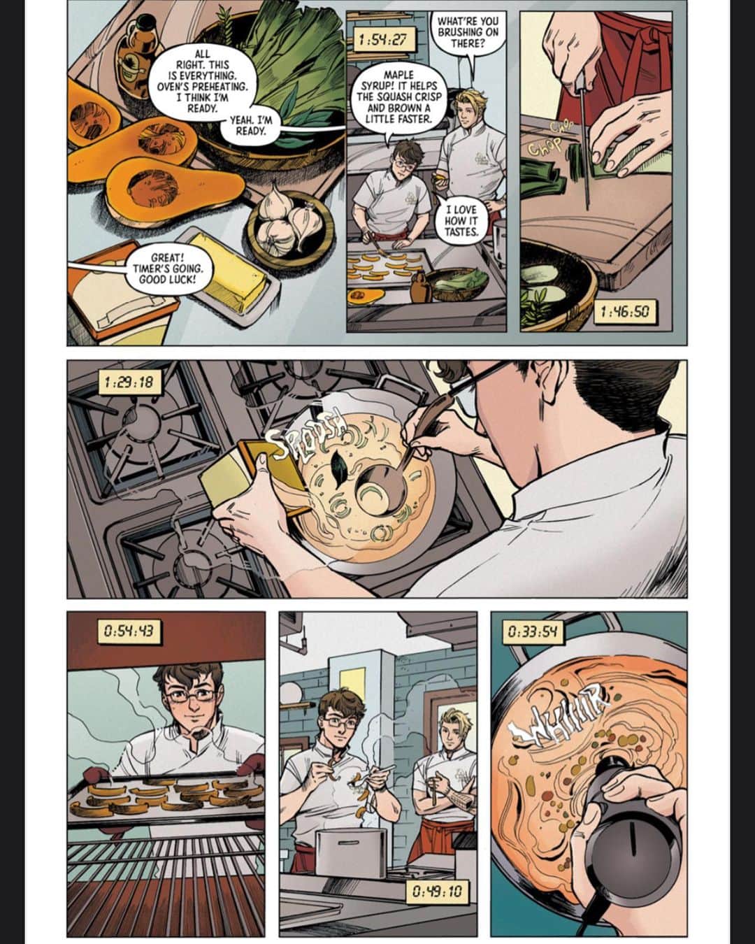 Grace Bonneyのインスタグラム：「Hey friends! Your friendly neighborhood Jarrett (@jamarmel) here. Carnitas are in the oven, and they’re gonna be a while, so I figured I’d drop some artwork from the graphic novel I’ve been working on, Chef’s Kiss. This book has been a few years in the making, and I’m so proud of it. Coming out from @onipress in 2022, the story centers on Ben, a recent graduate that can’t find work in his field. Desperate for any job that’ll have him, he finds work at a vegetarian restaurant where he discovers a passion for cooking... and his co-worker Liam. It’s the kitchen romance you didn’t know you needed.  ___________________ I’m blessed with an incredible co-creator, Danica Brine (@kari_drawz) who draws everything beautifully, from food to people to adorable piggies. Our colorist, Hank Jones (@hankjonescomics), does a magnificent job setting mood, and his choice of color palettes always complement Danica’s lines. And our letterer Hassan Otsmane-Elhaou (@hassoe) has done a beautiful job with every lettering choice, using custom fonts and word bubbles to emphasize a character’s mood, make jokes land, and set tone. Here are some sample pages (this book is still being drawn, colored, and lettered, so most of these pages are incomplete!) for you to enjoy while we wait for those carnitas to finish up.  #comics #comicart #food #foodillustration #writer #writersofinstagram #lgbtwriters #queerart #gaycomics」