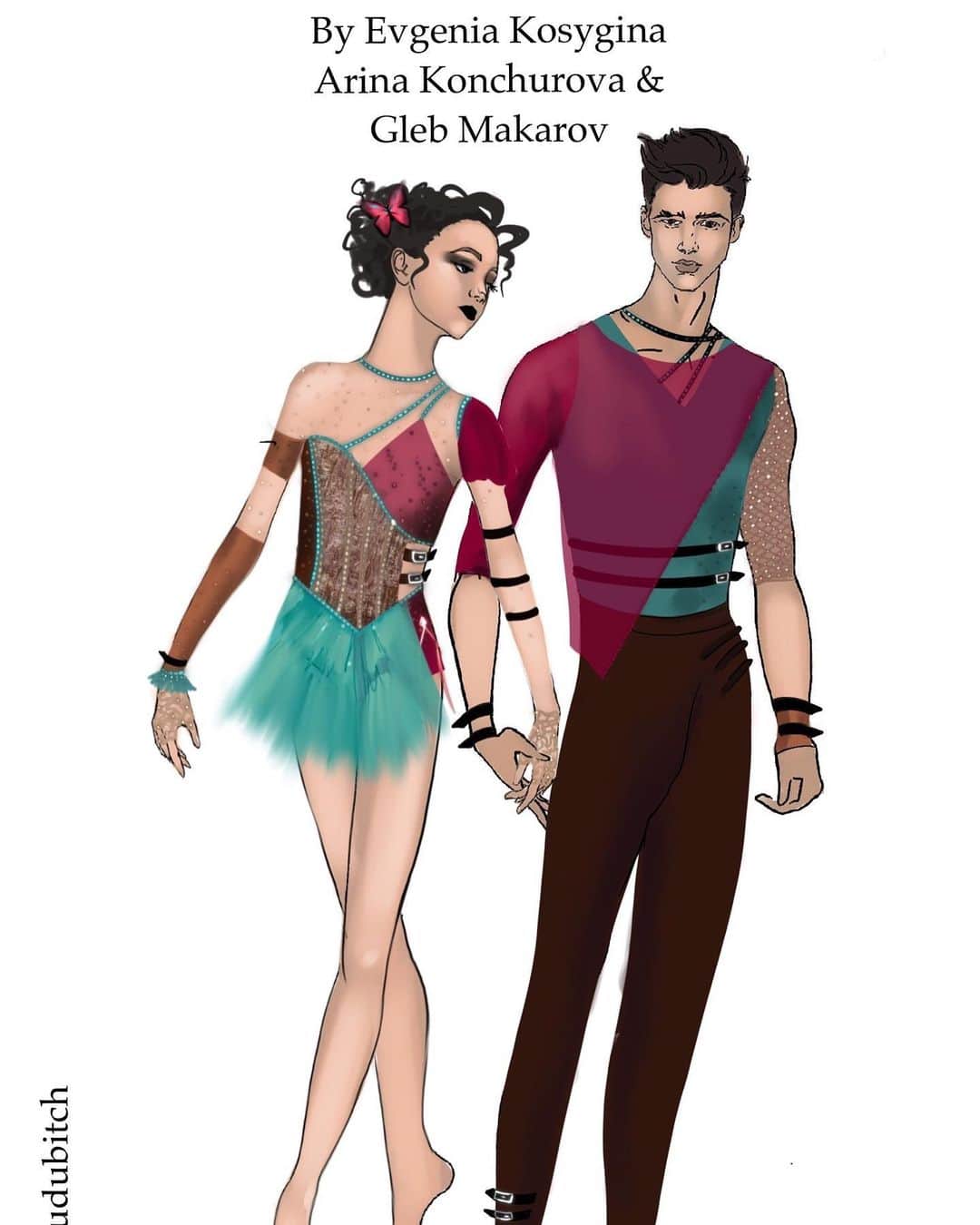エフゲーニヤ・コスイギナのインスタグラム：「Arina Konchurova & Gleb Makarov  “Cirque du soleil” / Bella Donna  Совершено невероятные,стильные и красивые ребята!   Фото этого заказа я очень ждала! Ждала с лета❤️   Отдельная моя благодарность заказчику! Ксения,спасибо за доверие и за то,что не боитесь реально стильных и необычных образов! ❤️   Костюм потерпел некоторые изменения:) изначально юбка должна была быть песочная,а рукав у Глеба с бирюзовой сеткой,но в процессе поняли,что юбку нужно сделать поярче,а сетки подходящей не нашлось,сделали по-другому! И получилось супер!  Спасибо за фото❤️  Мастер @irina_roskosh ! Удивительная работа,спасибо за ваш профессионализм ❤️🌷」